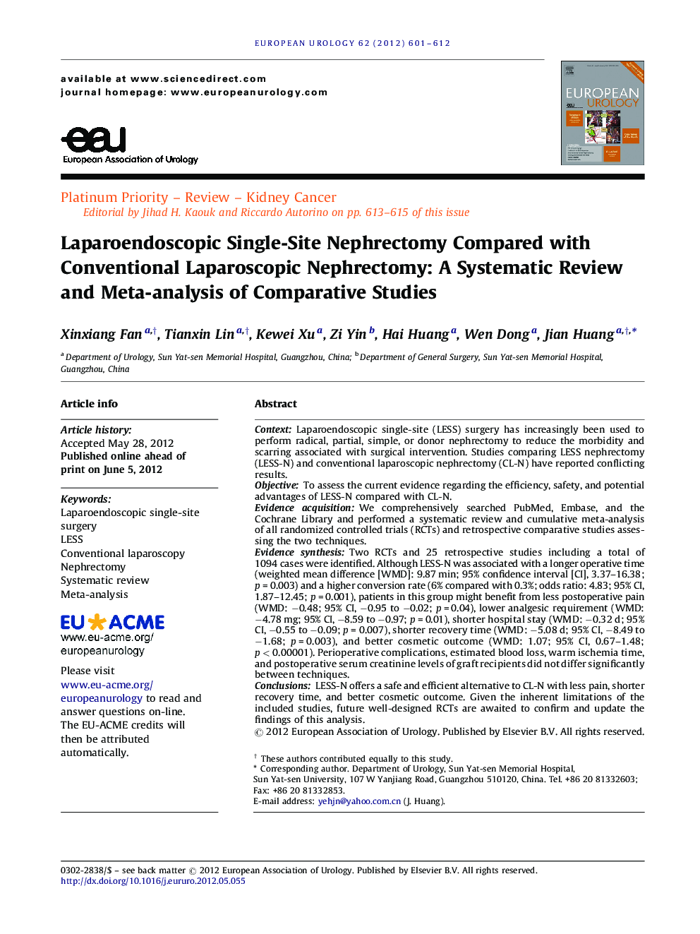 Laparoendoscopic Single-Site Nephrectomy Compared with Conventional Laparoscopic Nephrectomy: A Systematic Review and Meta-analysis of Comparative Studies 