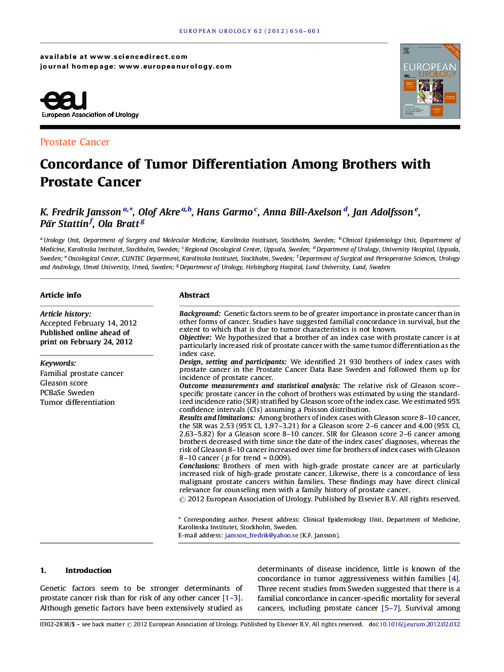 Concordance of Tumor Differentiation Among Brothers with Prostate Cancer