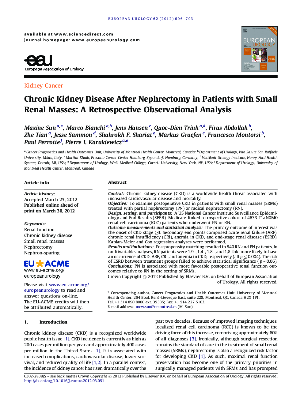 Chronic Kidney Disease After Nephrectomy in Patients with Small Renal Masses: A Retrospective Observational Analysis 