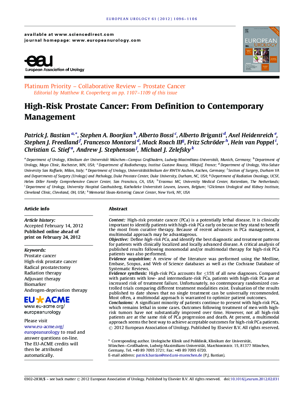 High-Risk Prostate Cancer: From Definition to Contemporary Management 