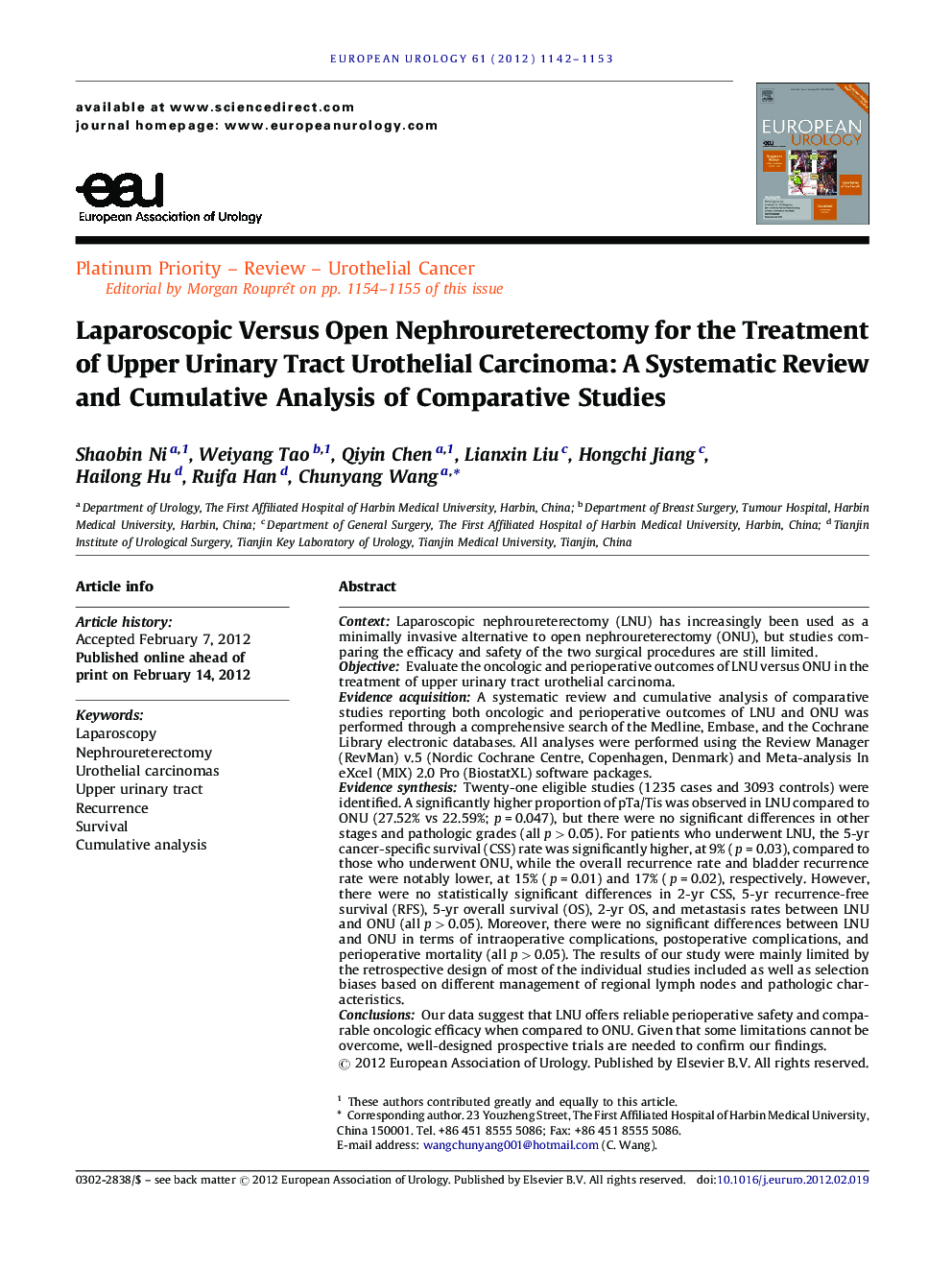 Laparoscopic Versus Open Nephroureterectomy for the Treatment of Upper Urinary Tract Urothelial Carcinoma: A Systematic Review and Cumulative Analysis of Comparative Studies