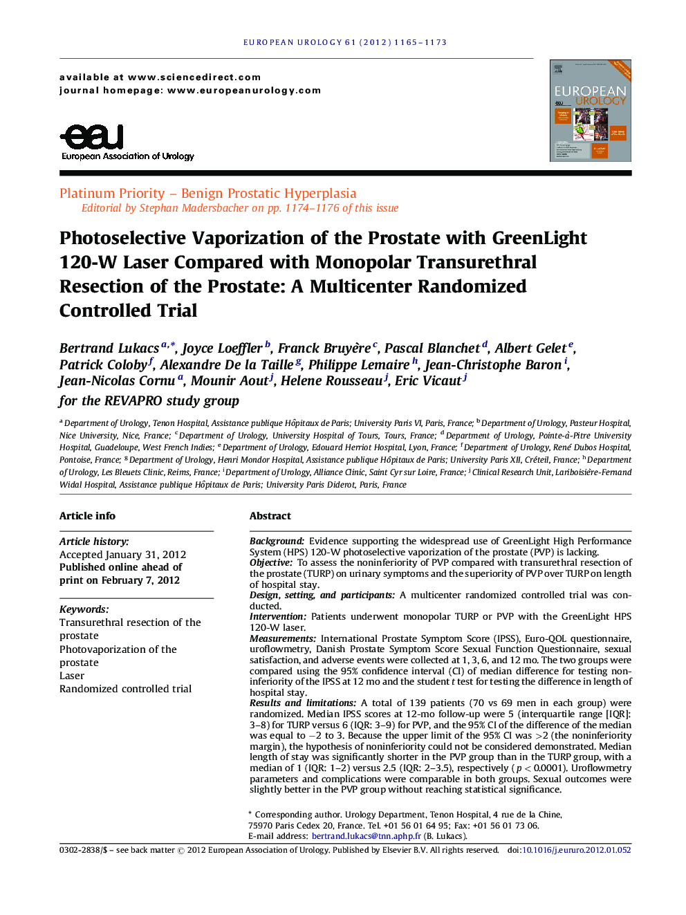 Photoselective Vaporization of the Prostate with GreenLight 120-W Laser Compared with Monopolar Transurethral Resection of the Prostate: A Multicenter Randomized Controlled Trial