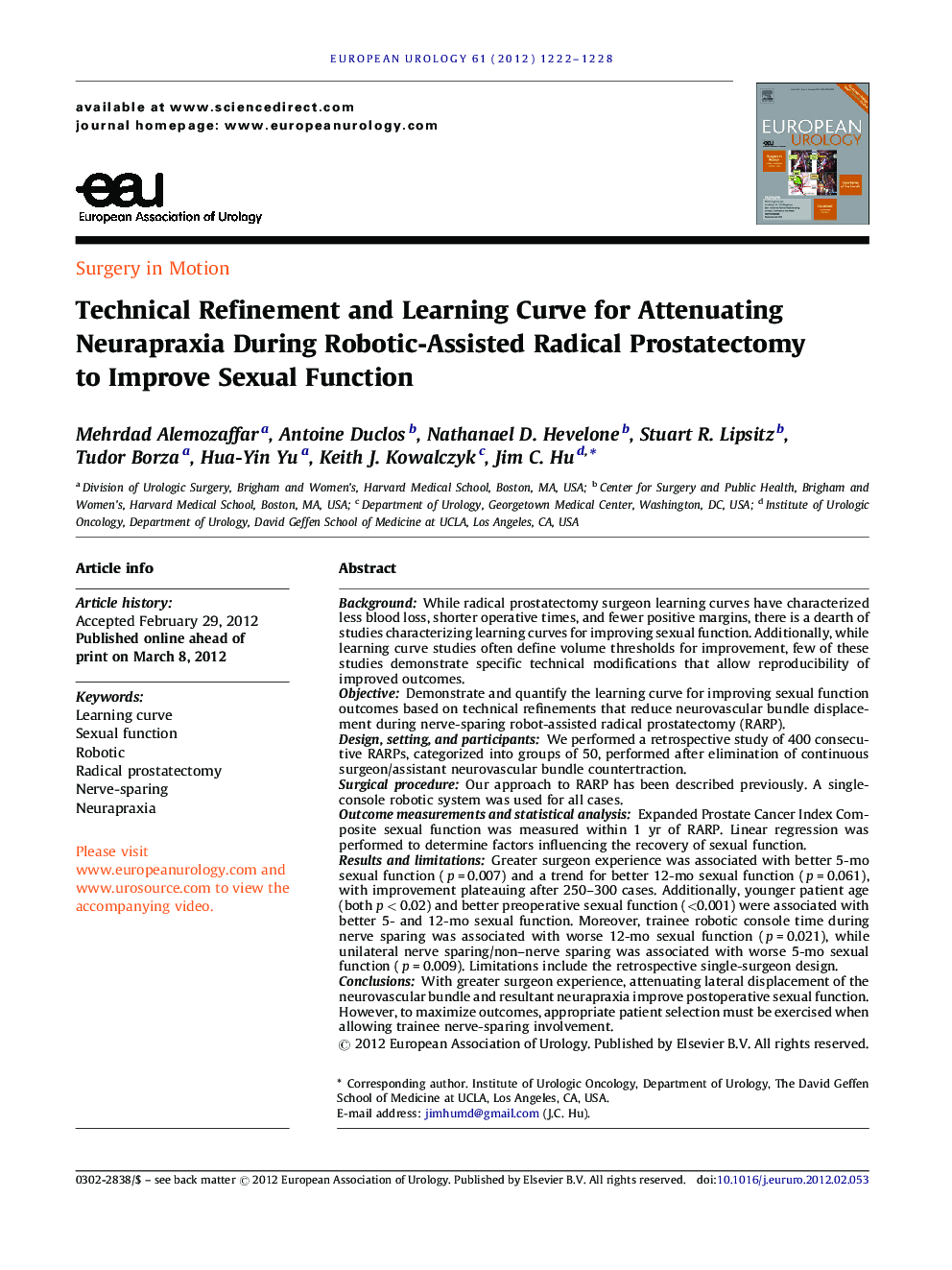 Technical Refinement and Learning Curve for Attenuating Neurapraxia During Robotic-Assisted Radical Prostatectomy to Improve Sexual Function