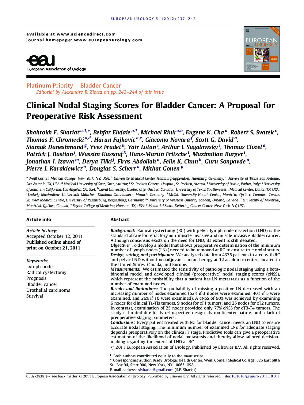 Clinical Nodal Staging Scores for Bladder Cancer: A Proposal for Preoperative Risk Assessment