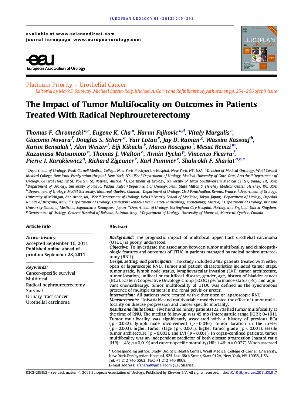 The Impact of Tumor Multifocality on Outcomes in Patients Treated With Radical Nephroureterectomy