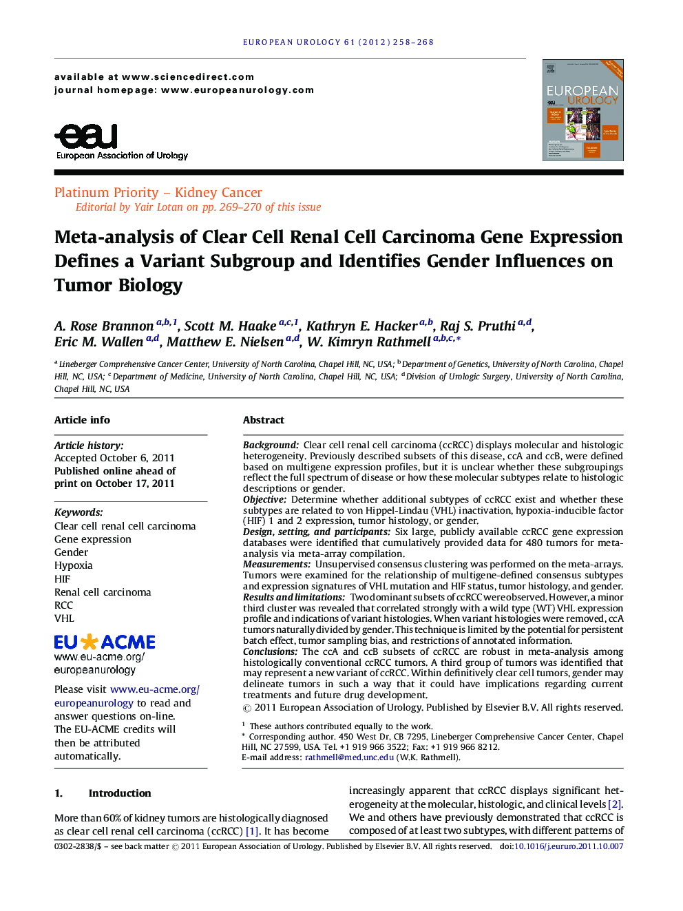 Meta-analysis of Clear Cell Renal Cell Carcinoma Gene Expression Defines a Variant Subgroup and Identifies Gender Influences on Tumor Biology 