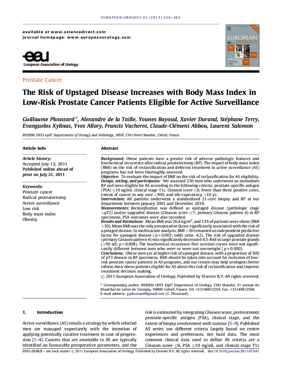The Risk of Upstaged Disease Increases with Body Mass Index in Low-Risk Prostate Cancer Patients Eligible for Active Surveillance