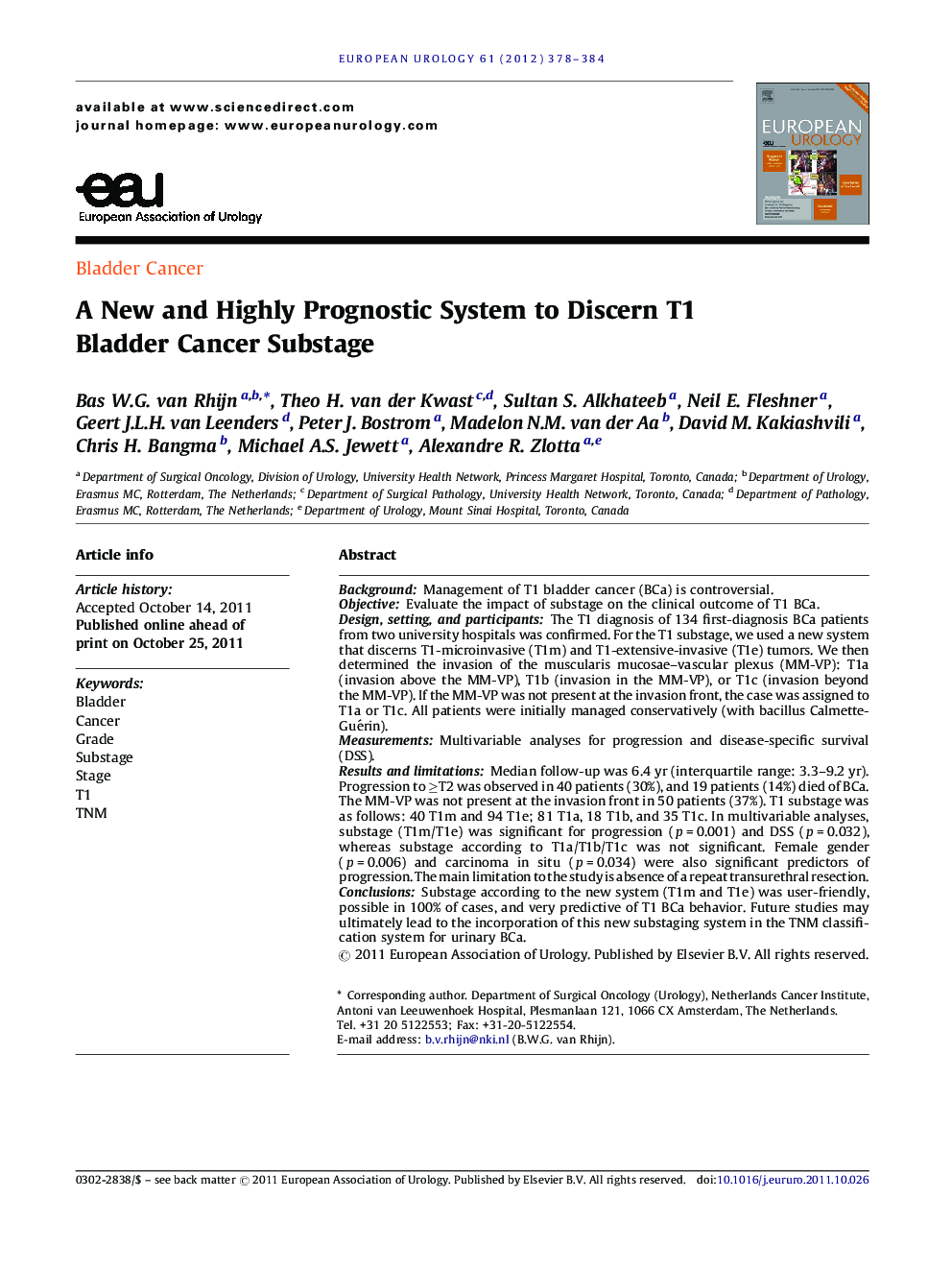 A New and Highly Prognostic System to Discern T1 Bladder Cancer Substage