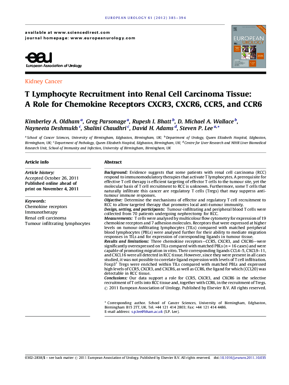 T Lymphocyte Recruitment into Renal Cell Carcinoma Tissue: A Role for Chemokine Receptors CXCR3, CXCR6, CCR5, and CCR6