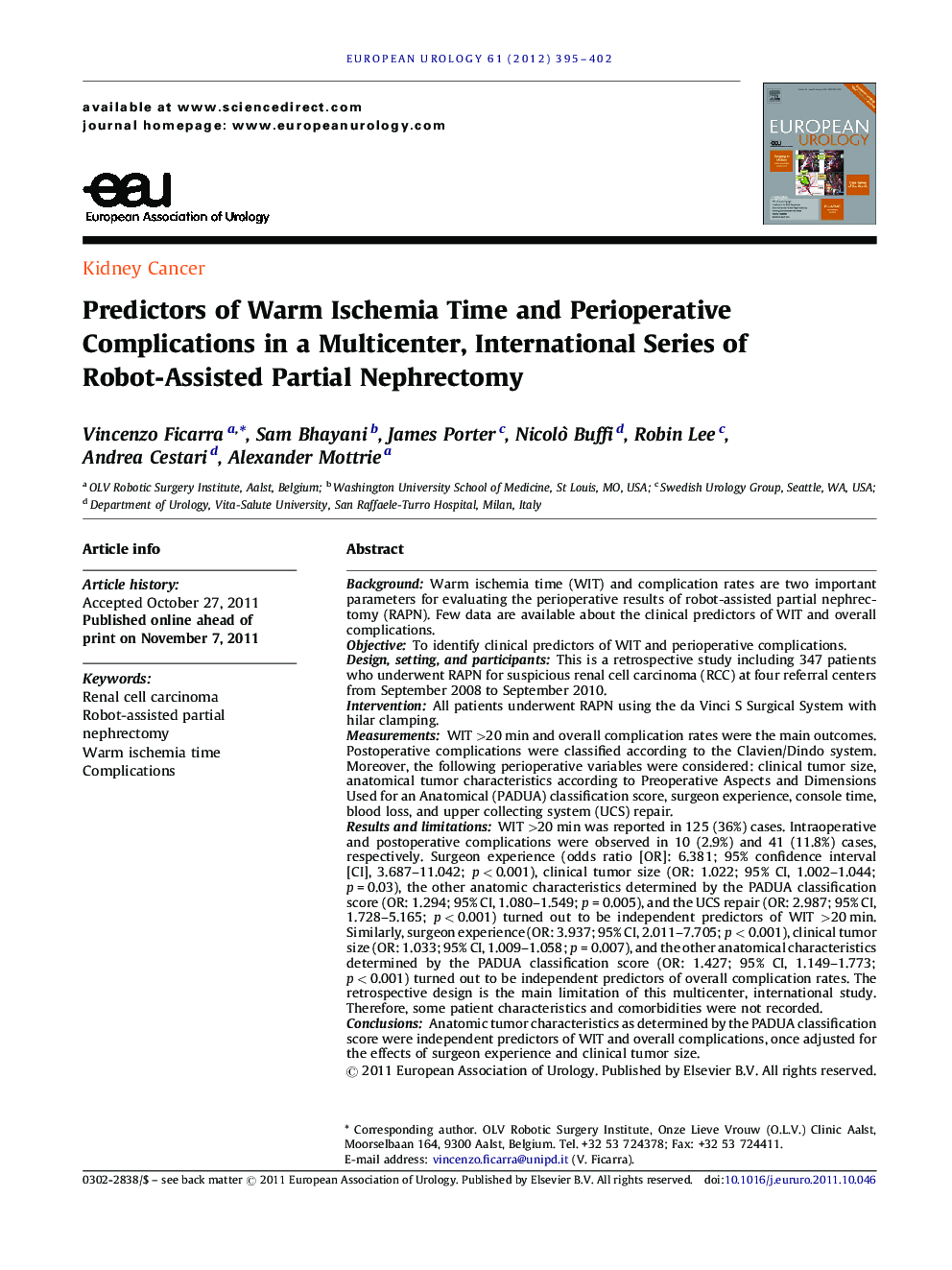 Predictors of Warm Ischemia Time and Perioperative Complications in a Multicenter, International Series of Robot-Assisted Partial Nephrectomy