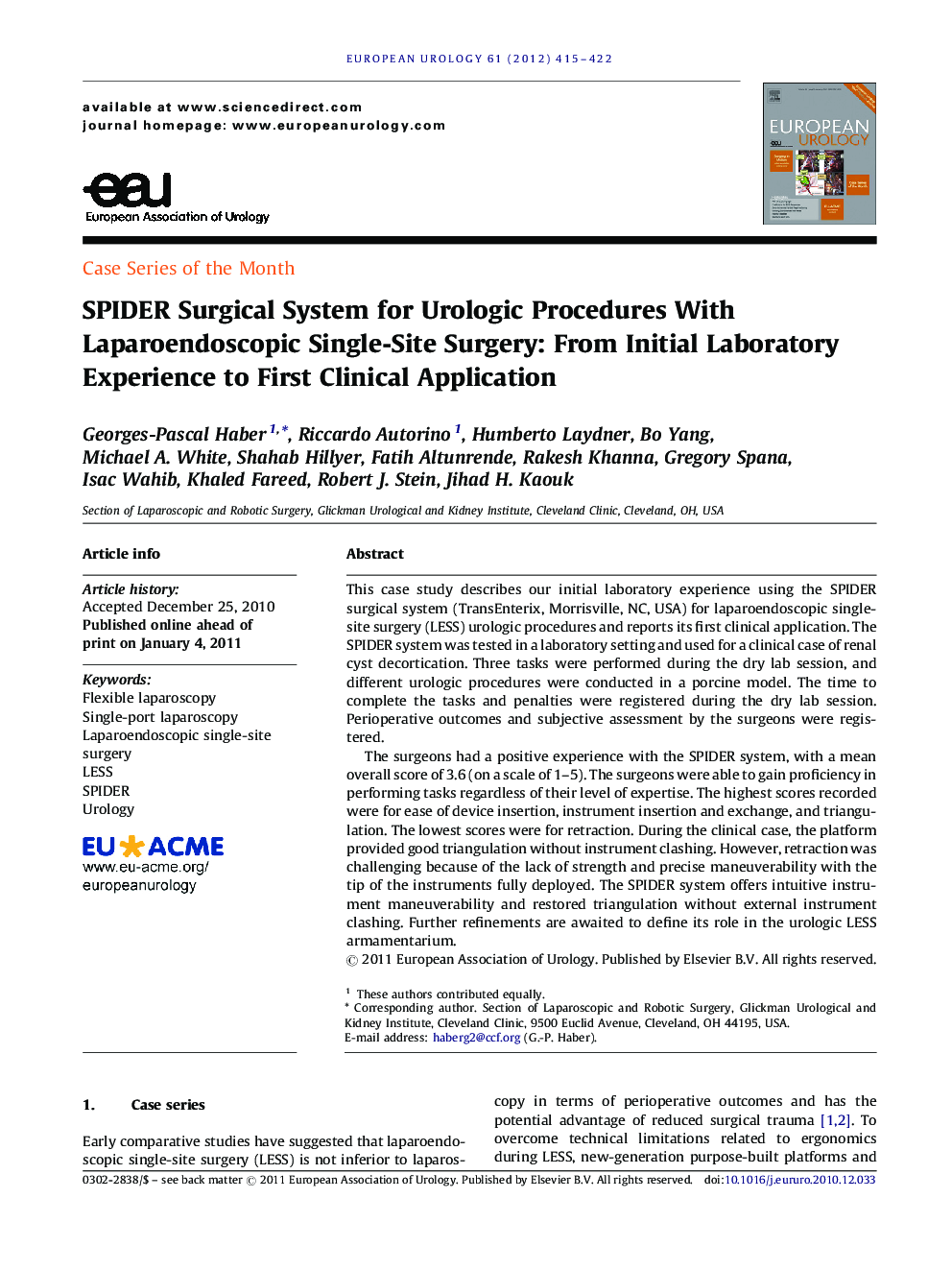SPIDER Surgical System for Urologic Procedures With Laparoendoscopic Single-Site Surgery: From Initial Laboratory Experience to First Clinical Application