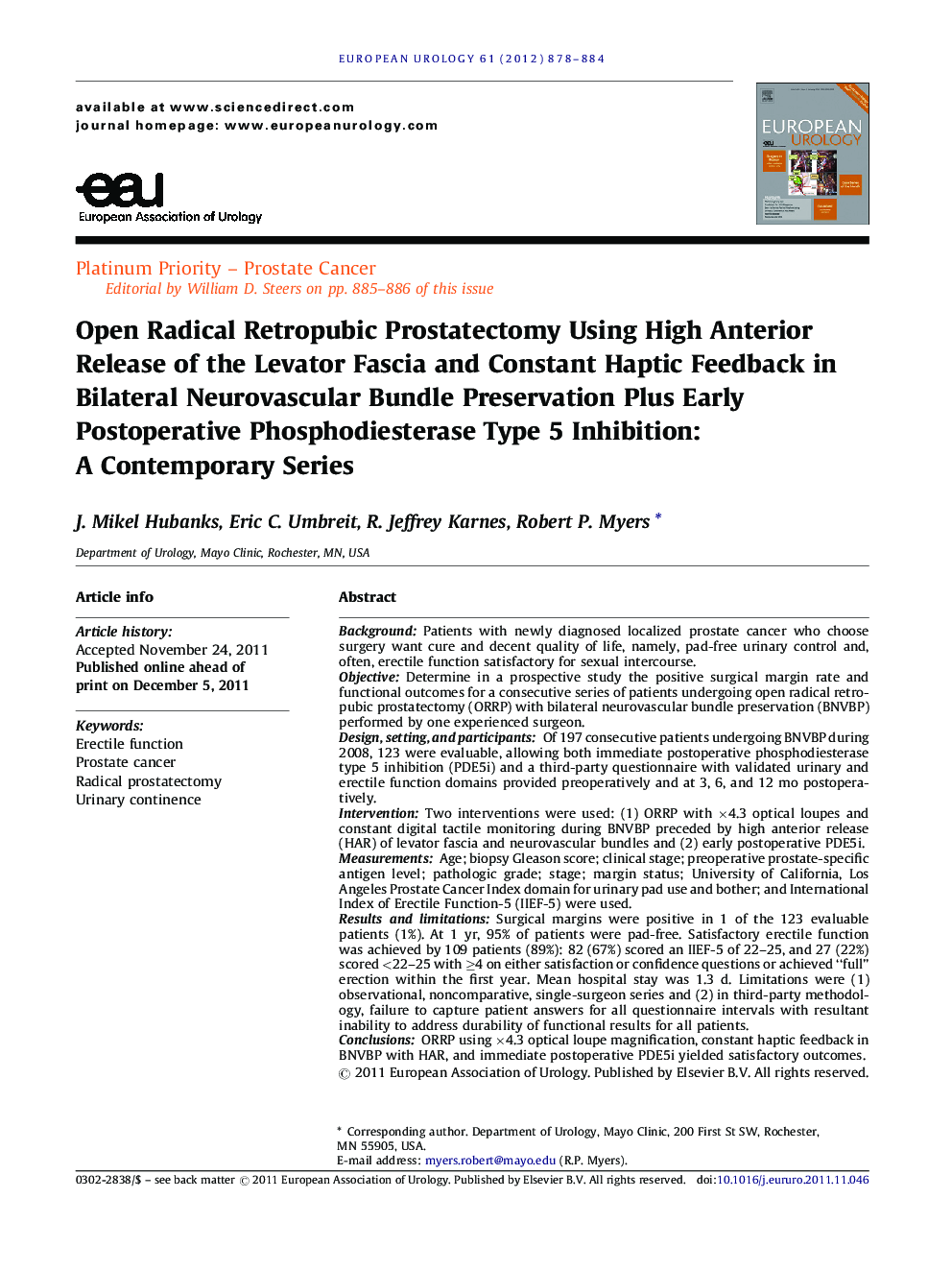Open Radical Retropubic Prostatectomy Using High Anterior Release of the Levator Fascia and Constant Haptic Feedback in Bilateral Neurovascular Bundle Preservation Plus Early Postoperative Phosphodiesterase Type 5 Inhibition: A Contemporary Series