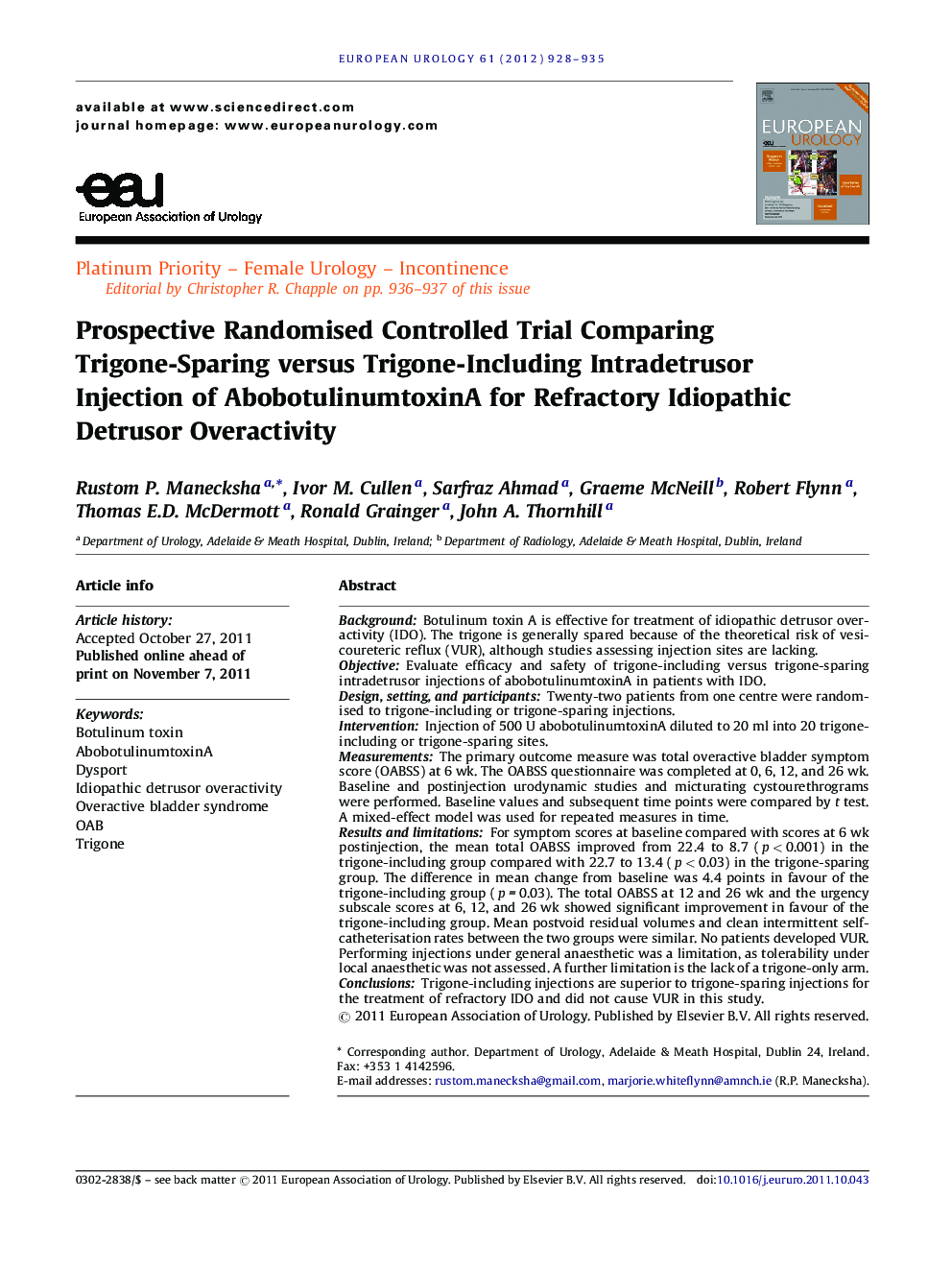 Prospective Randomised Controlled Trial Comparing Trigone-Sparing versus Trigone-Including Intradetrusor Injection of AbobotulinumtoxinA for Refractory Idiopathic Detrusor Overactivity