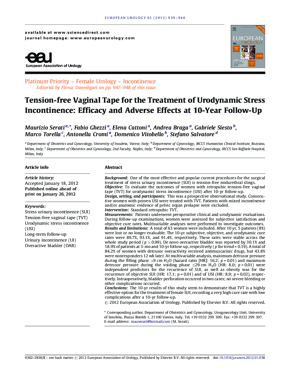 Tension-free Vaginal Tape for the Treatment of Urodynamic Stress Incontinence: Efficacy and Adverse Effects at 10-Year Follow-Up