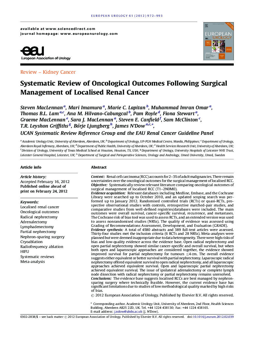 Systematic Review of Oncological Outcomes Following Surgical Management of Localised Renal Cancer