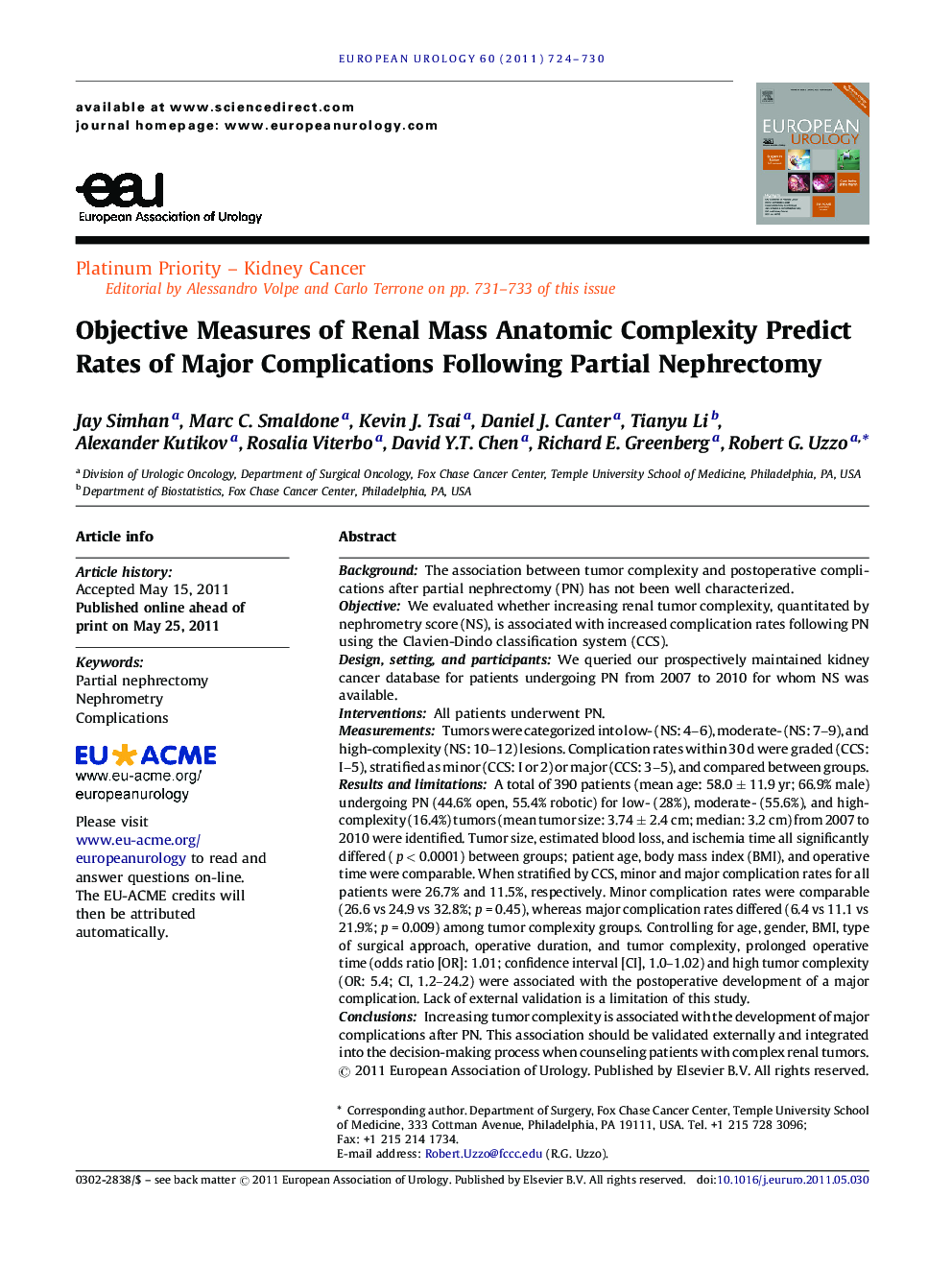 Objective Measures of Renal Mass Anatomic Complexity Predict Rates of Major Complications Following Partial Nephrectomy 