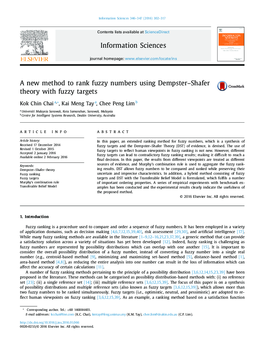 A new method to rank fuzzy numbers using Dempster–Shafer theory with fuzzy targets
