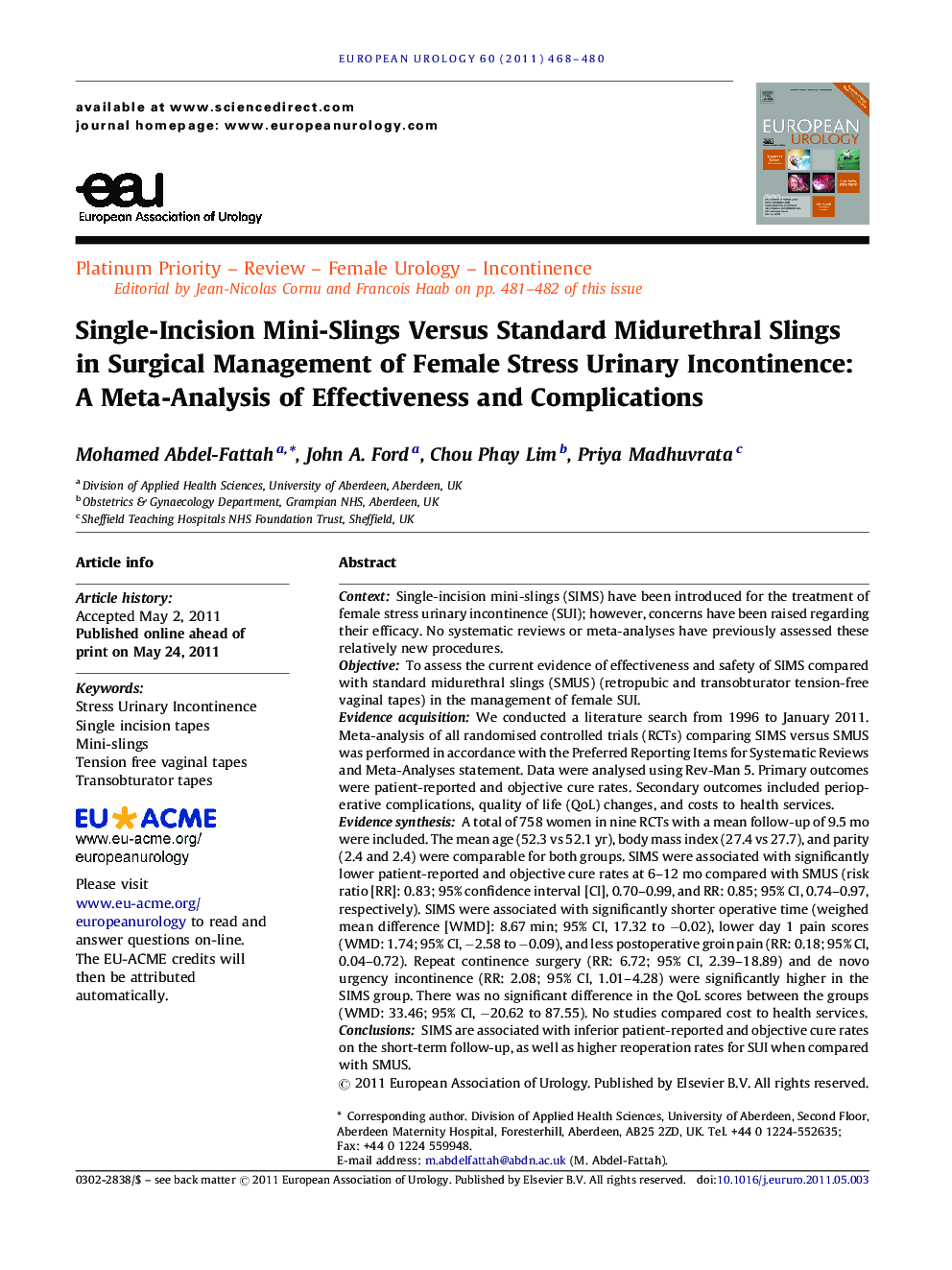 Single-Incision Mini-Slings Versus Standard Midurethral Slings in Surgical Management of Female Stress Urinary Incontinence: A Meta-Analysis of Effectiveness and Complications 