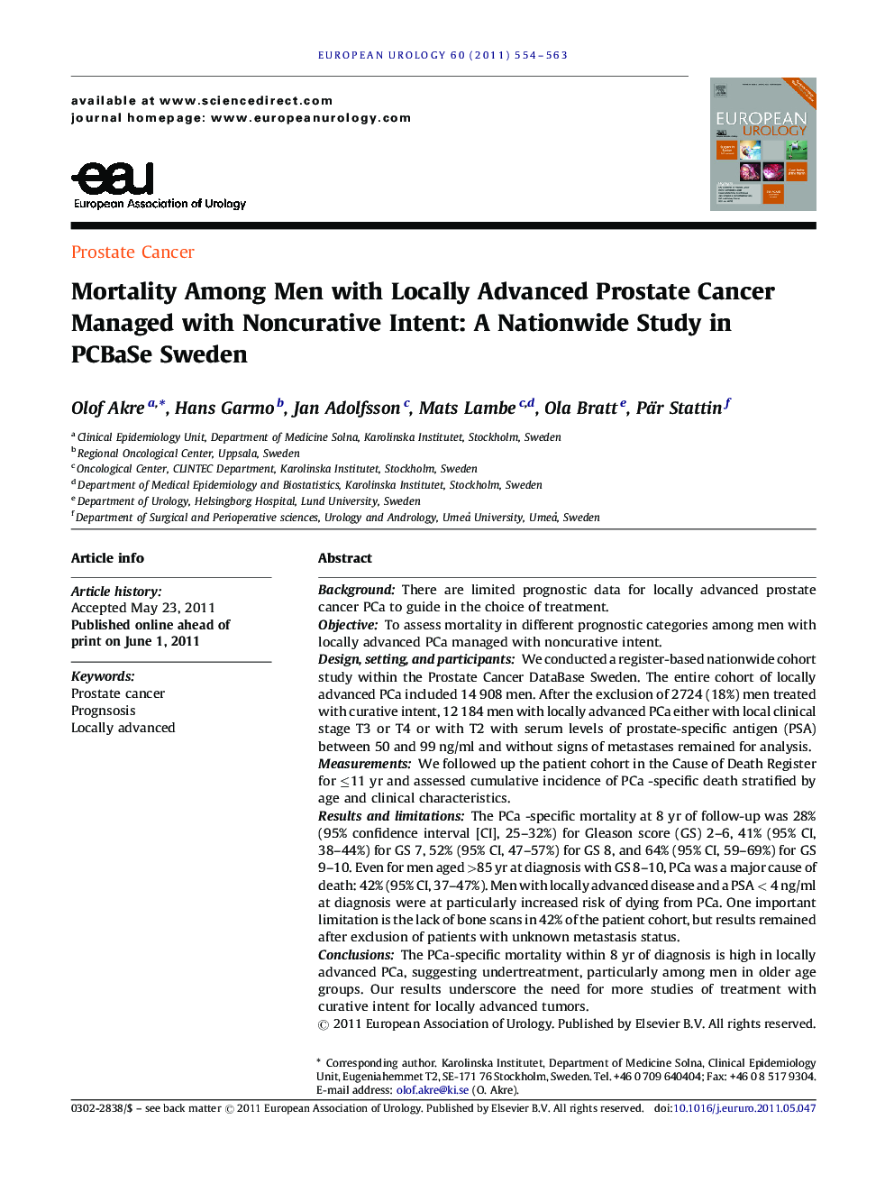 Mortality Among Men with Locally Advanced Prostate Cancer Managed with Noncurative Intent: A Nationwide Study in PCBaSe Sweden