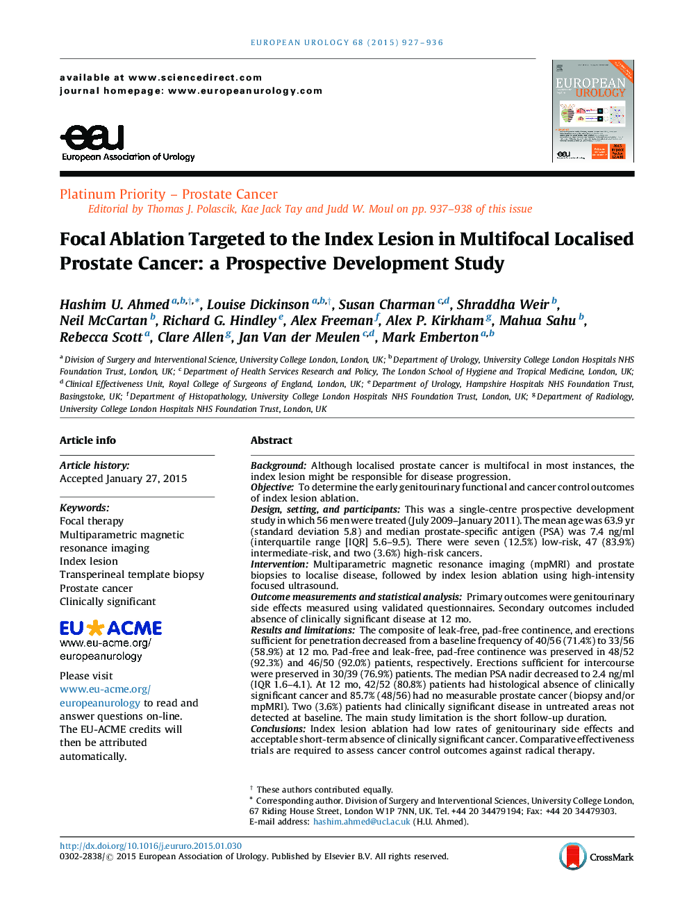 Focal Ablation Targeted to the Index Lesion in Multifocal Localised Prostate Cancer: a Prospective Development Study 