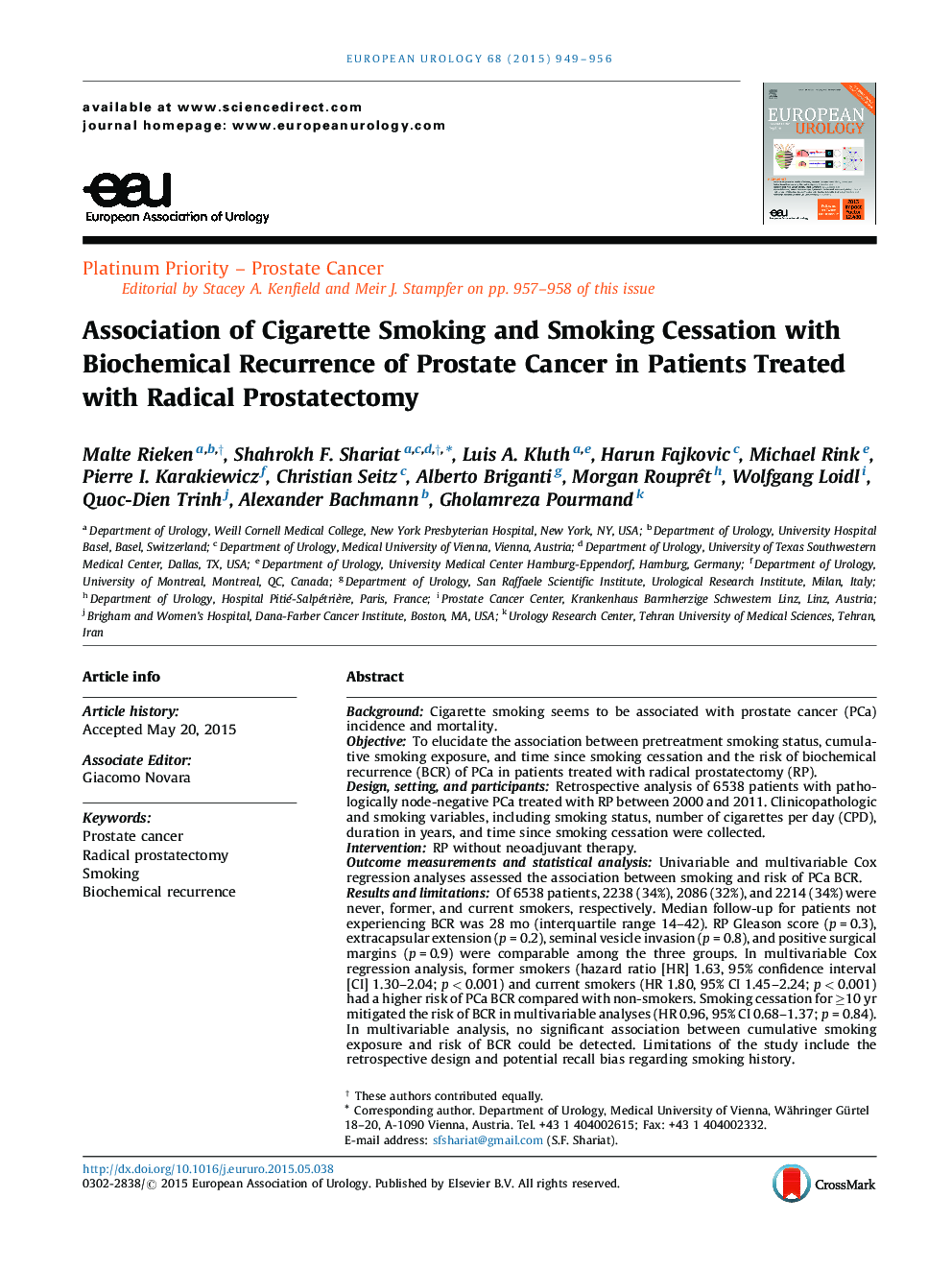 Association of Cigarette Smoking and Smoking Cessation with Biochemical Recurrence of Prostate Cancer in Patients Treated with Radical Prostatectomy