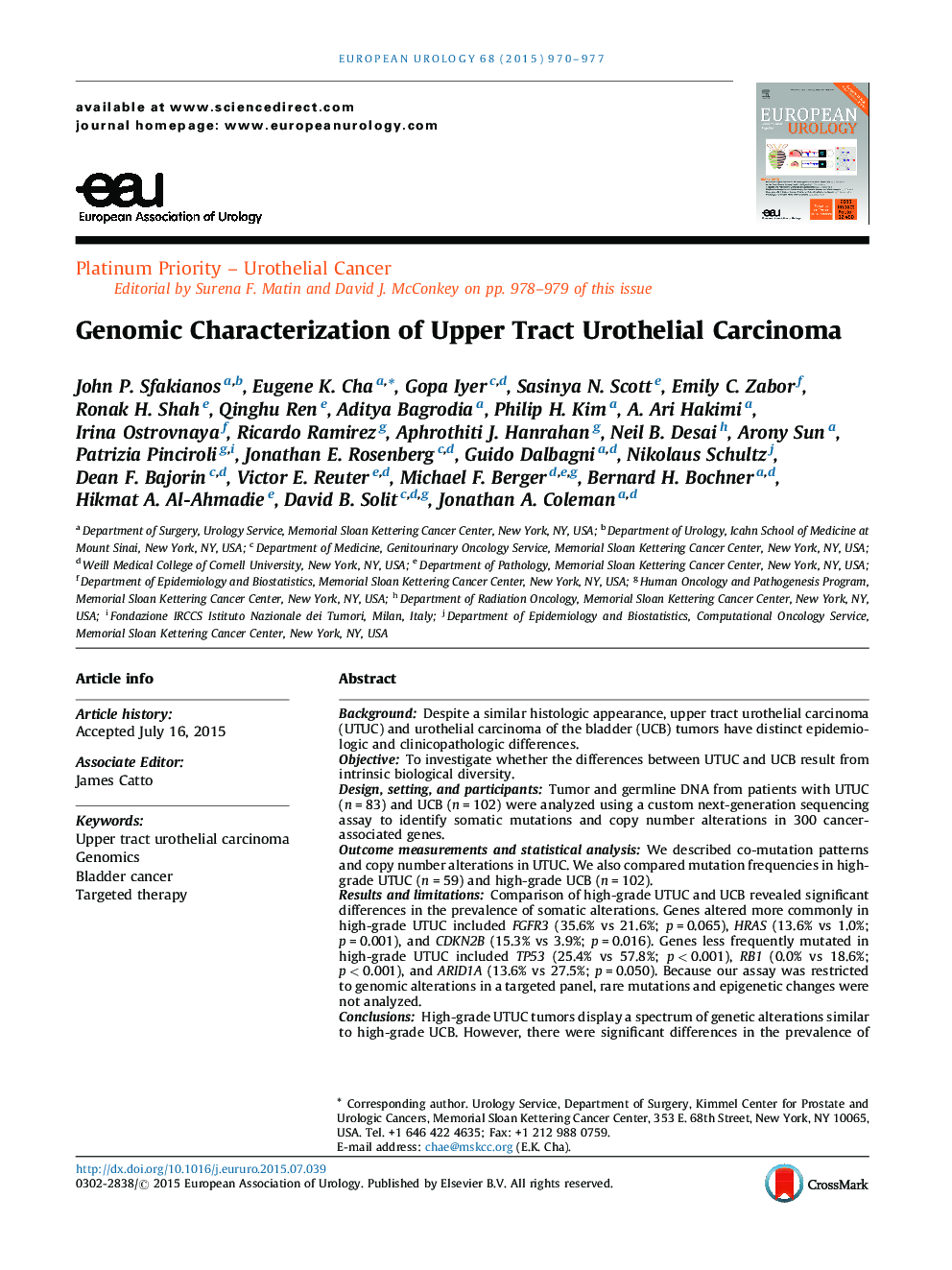 Genomic Characterization of Upper Tract Urothelial Carcinoma