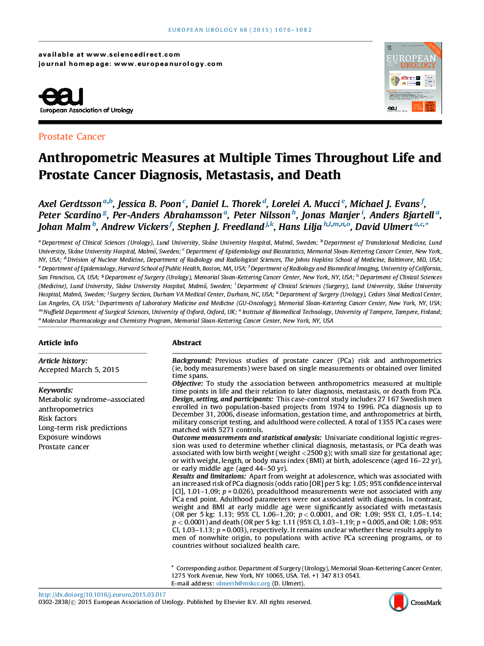 Anthropometric Measures at Multiple Times Throughout Life and Prostate Cancer Diagnosis, Metastasis, and Death