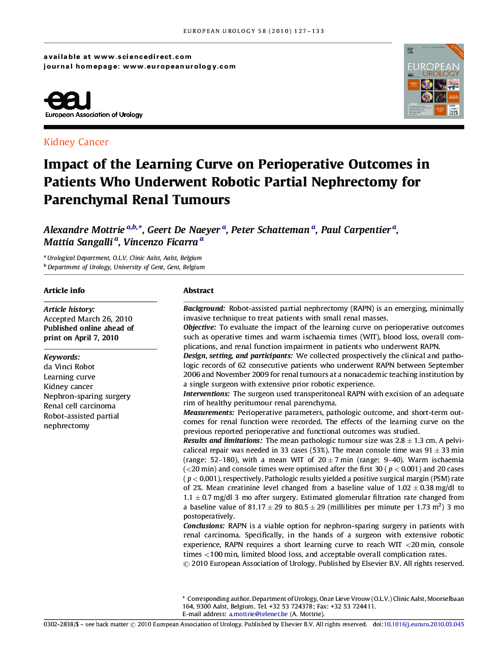 Impact of the Learning Curve on Perioperative Outcomes in Patients Who Underwent Robotic Partial Nephrectomy for Parenchymal Renal Tumours