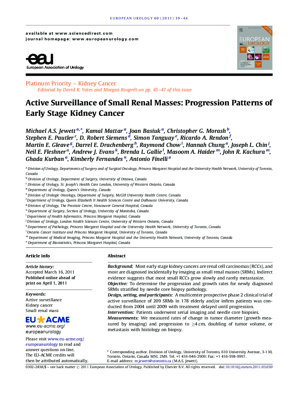 Active Surveillance of Small Renal Masses: Progression Patterns of Early Stage Kidney Cancer 