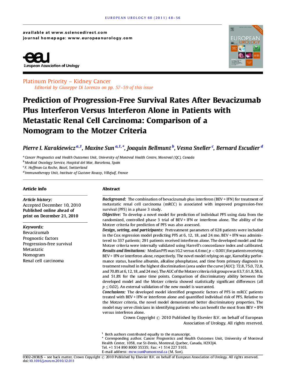 Prediction of Progression-Free Survival Rates After Bevacizumab Plus Interferon Versus Interferon Alone in Patients with Metastatic Renal Cell Carcinoma: Comparison of a Nomogram to the Motzer Criteria