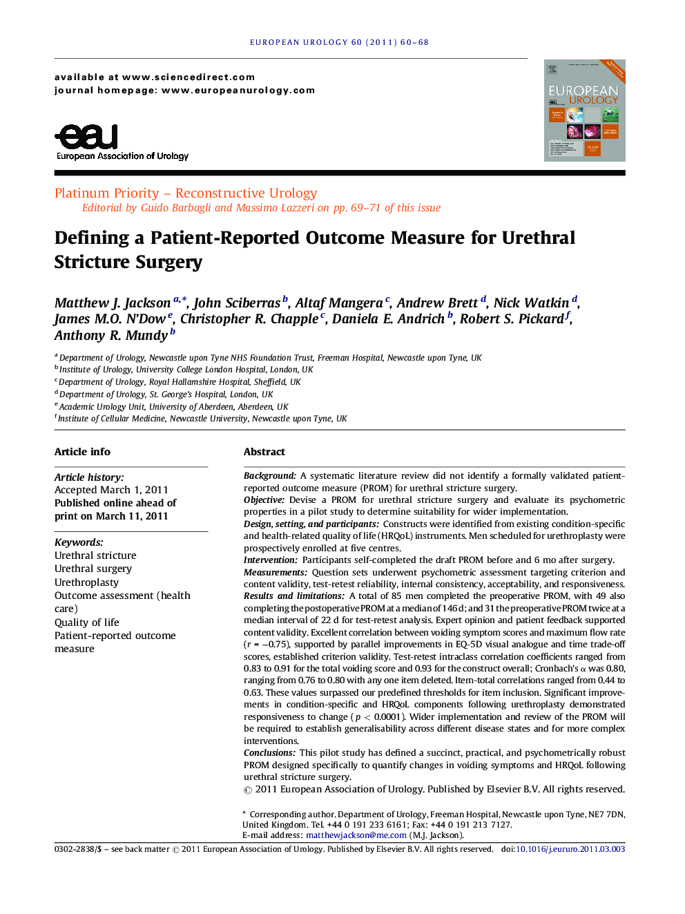 Defining a Patient-Reported Outcome Measure for Urethral Stricture Surgery