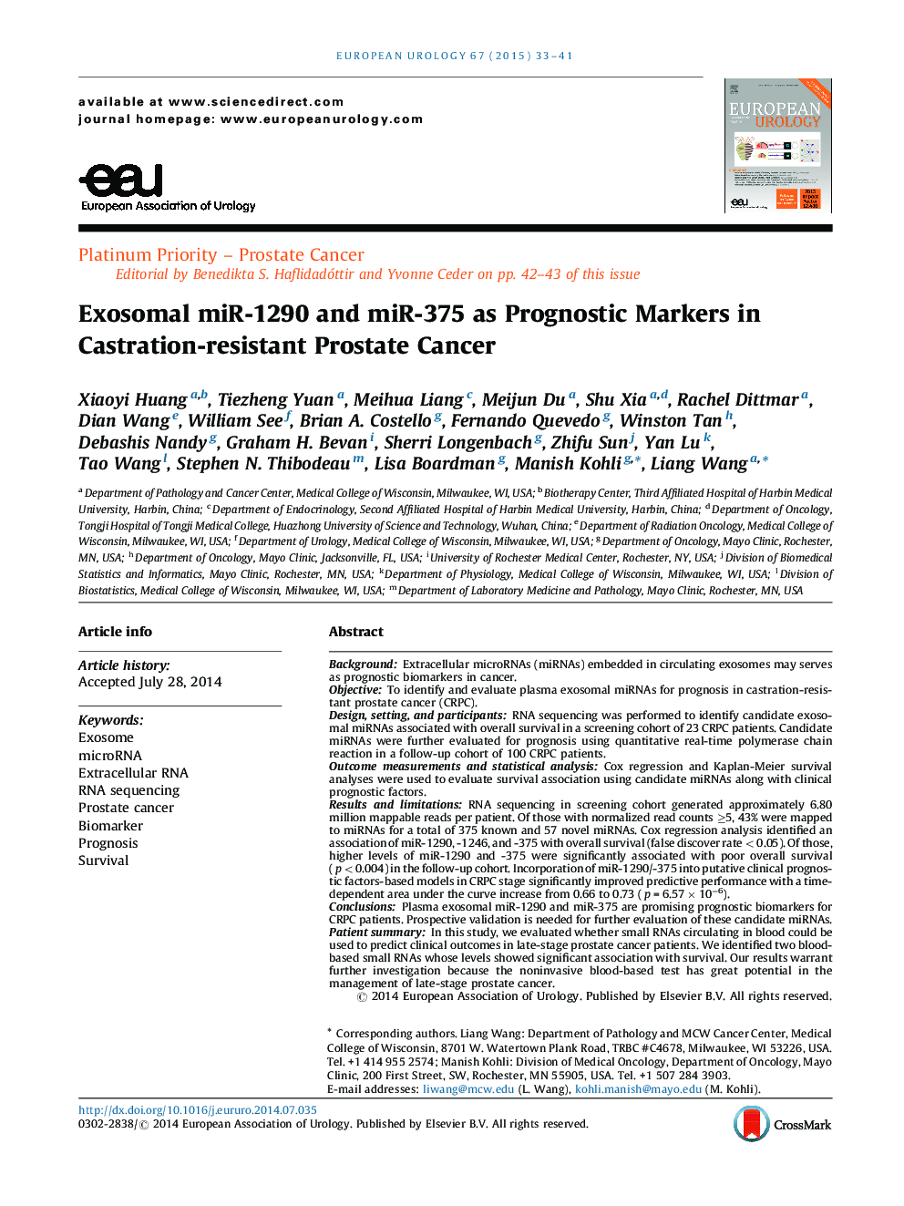 Exosomal miR-1290 and miR-375 as Prognostic Markers in Castration-resistant Prostate Cancer