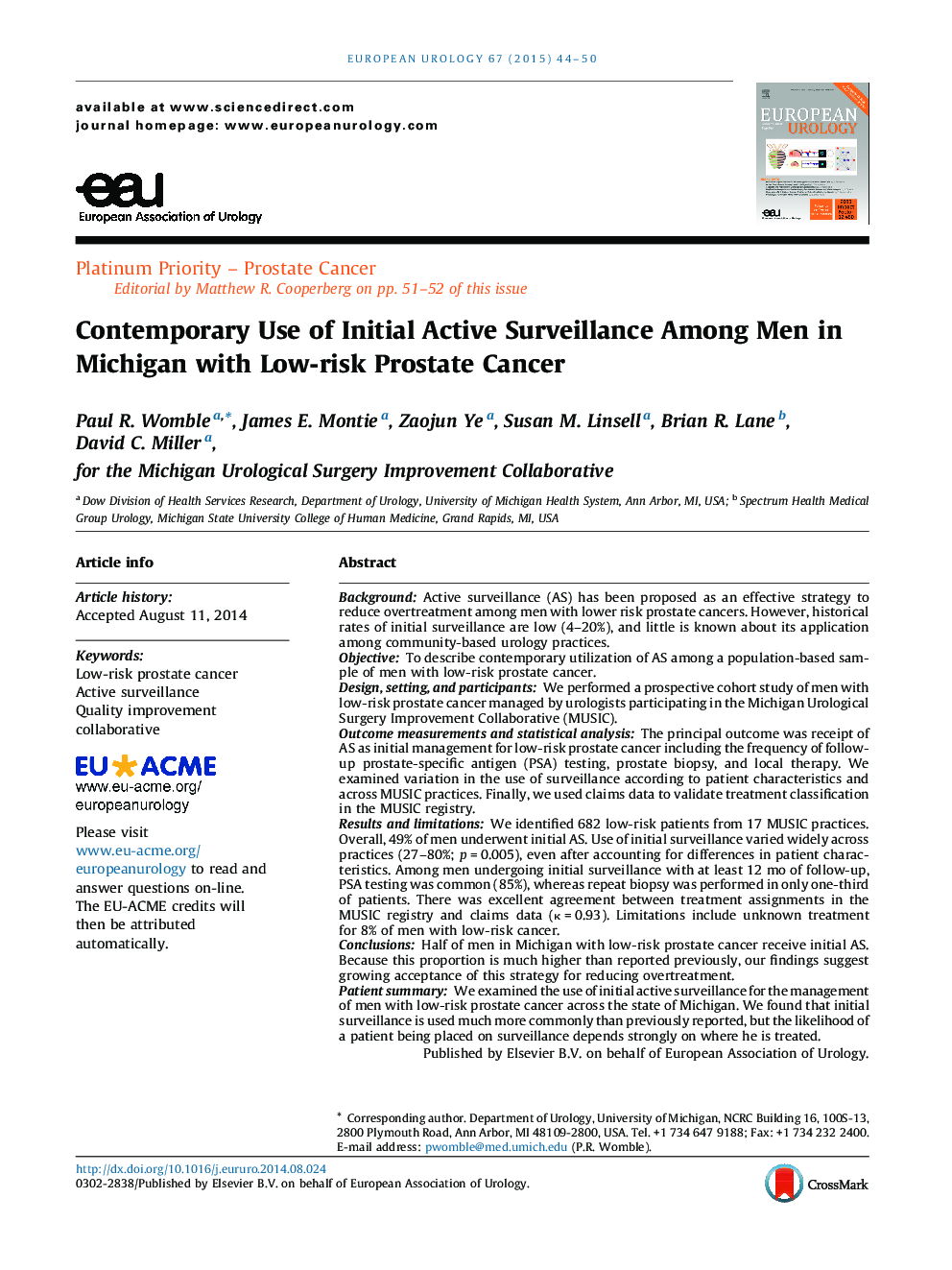 Contemporary Use of Initial Active Surveillance Among Men in Michigan with Low-risk Prostate Cancer 