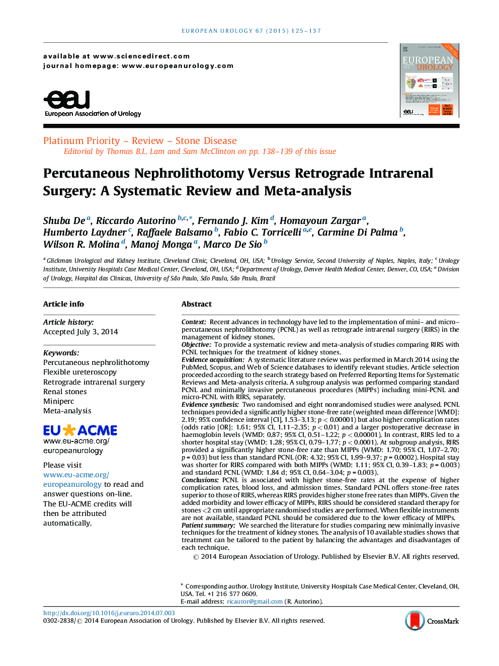 Percutaneous Nephrolithotomy Versus Retrograde Intrarenal Surgery: A Systematic Review and Meta-analysis 