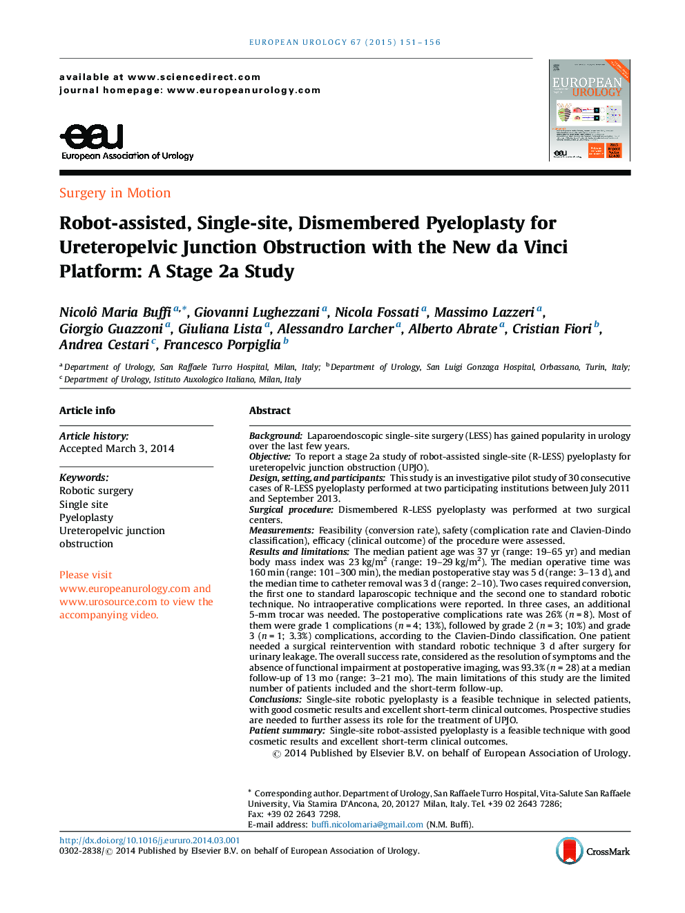 Robot-assisted, Single-site, Dismembered Pyeloplasty for Ureteropelvic Junction Obstruction with the New da Vinci Platform: A Stage 2a Study