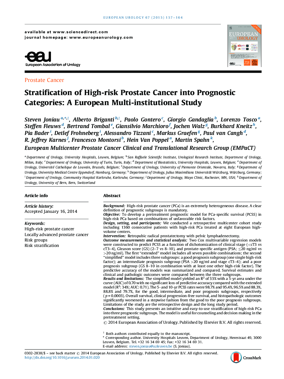 Stratification of High-risk Prostate Cancer into Prognostic Categories: A European Multi-institutional Study