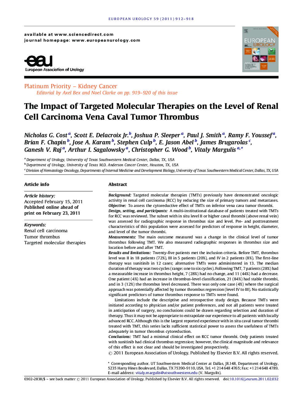 The Impact of Targeted Molecular Therapies on the Level of Renal Cell Carcinoma Vena Caval Tumor Thrombus