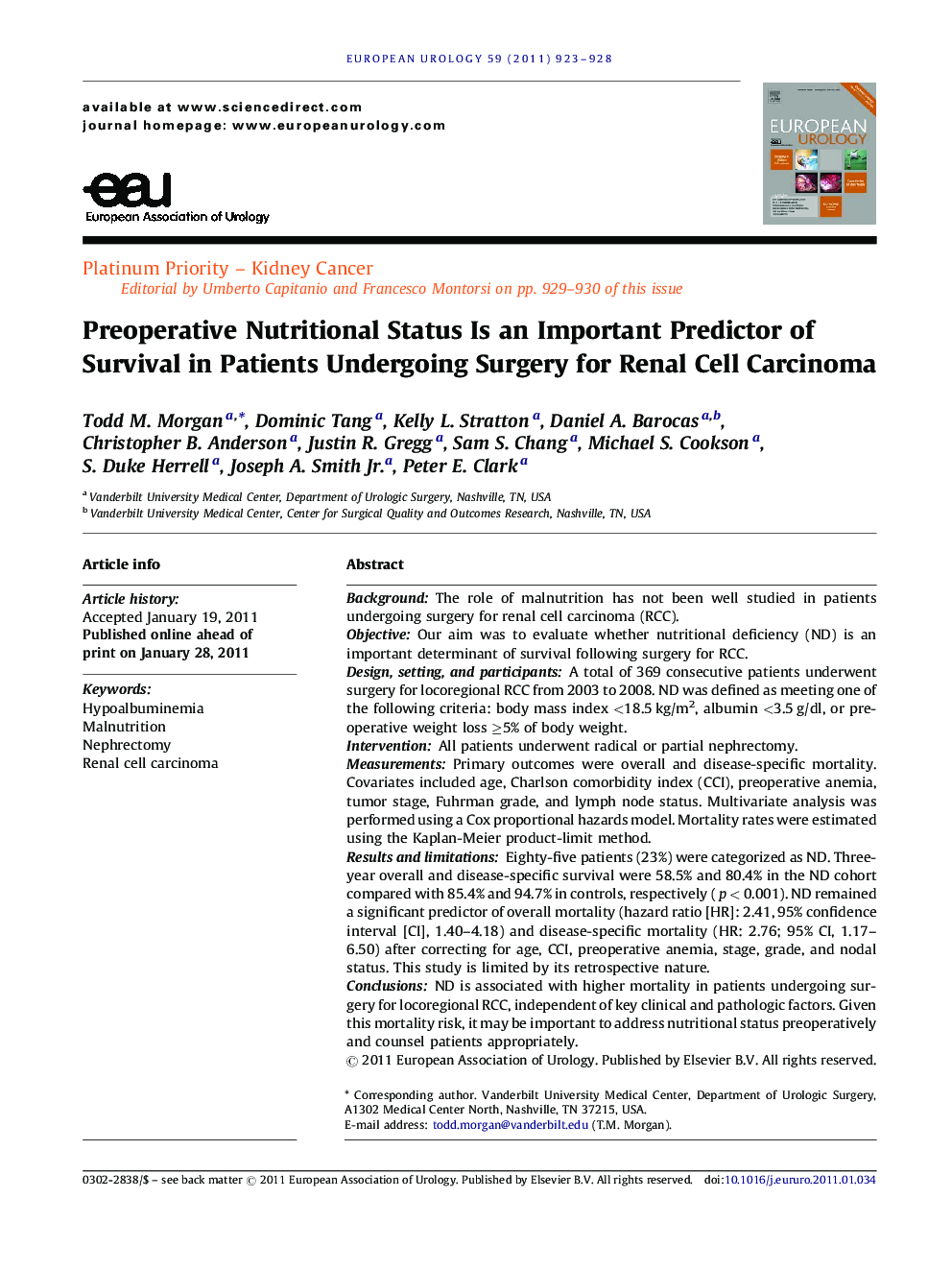 Preoperative Nutritional Status Is an Important Predictor of Survival in Patients Undergoing Surgery for Renal Cell Carcinoma