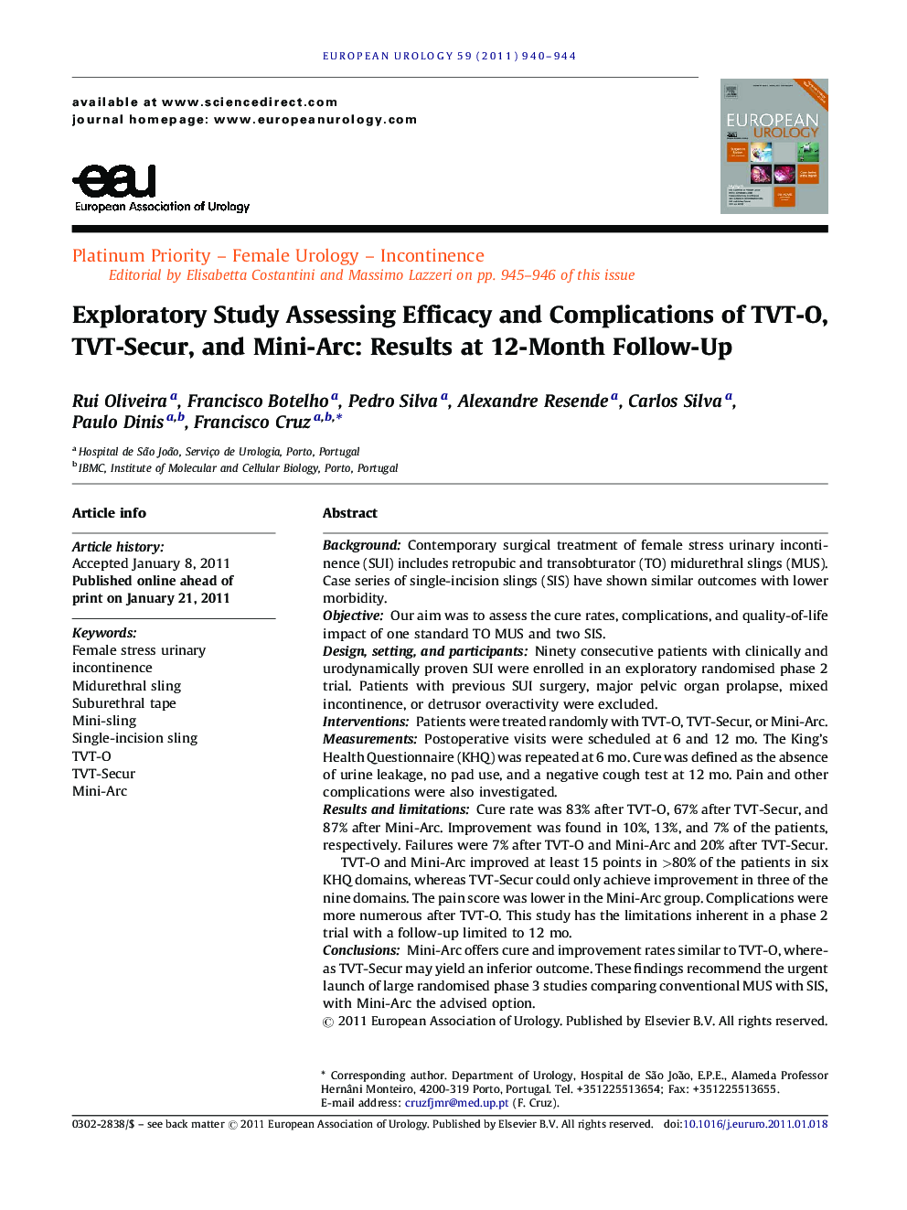 Exploratory Study Assessing Efficacy and Complications of TVT-O, TVT-Secur, and Mini-Arc: Results at 12-Month Follow-Up