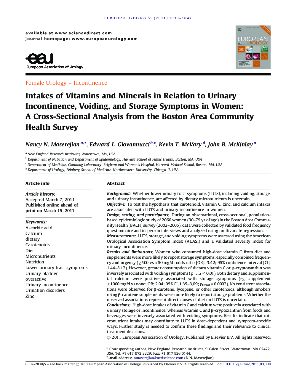 Intakes of Vitamins and Minerals in Relation to Urinary Incontinence, Voiding, and Storage Symptoms in Women: A Cross-Sectional Analysis from the Boston Area Community Health Survey