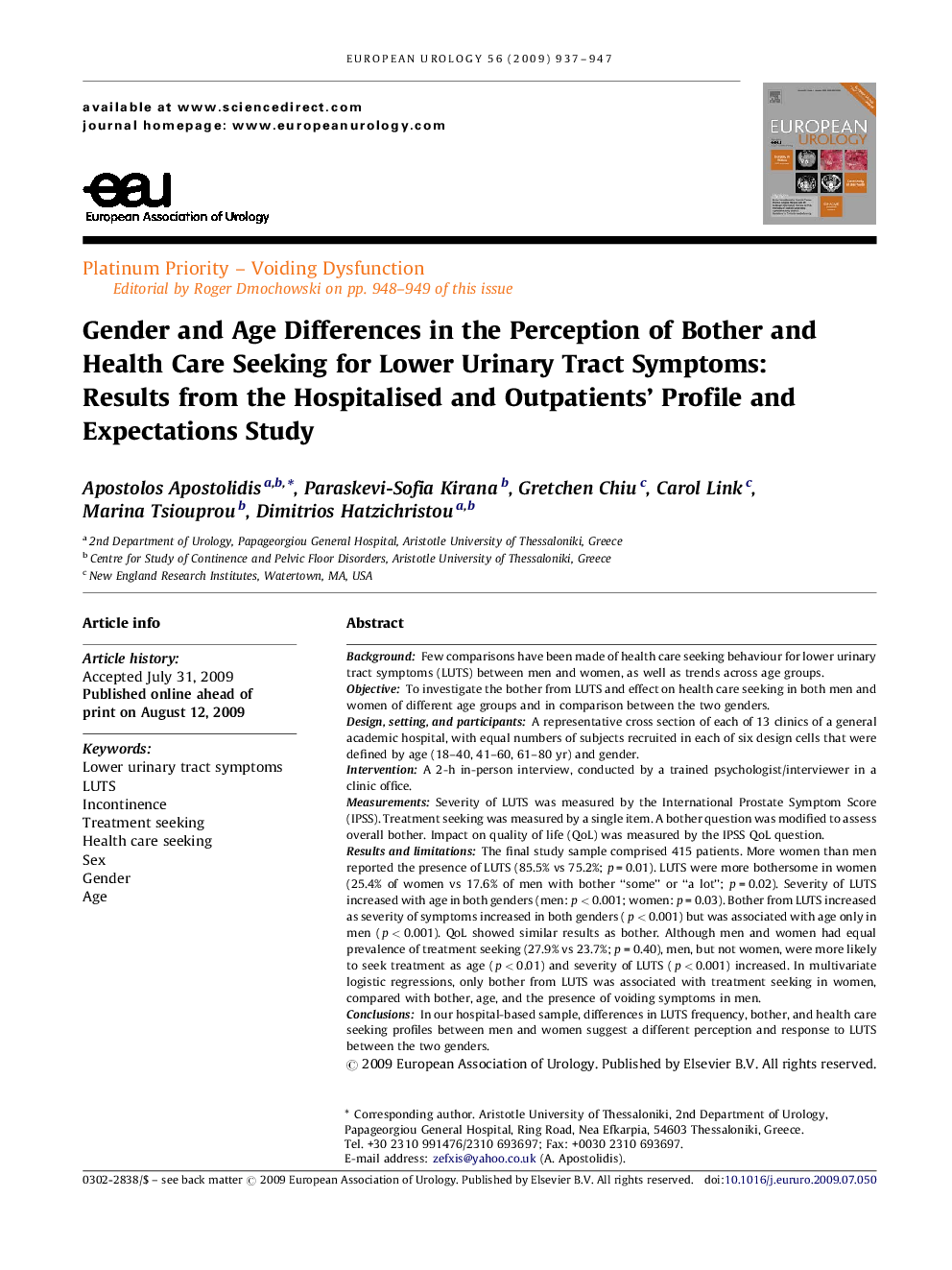 Gender and Age Differences in the Perception of Bother and Health Care Seeking for Lower Urinary Tract Symptoms: Results from the Hospitalised and Outpatients’ Profile and Expectations Study