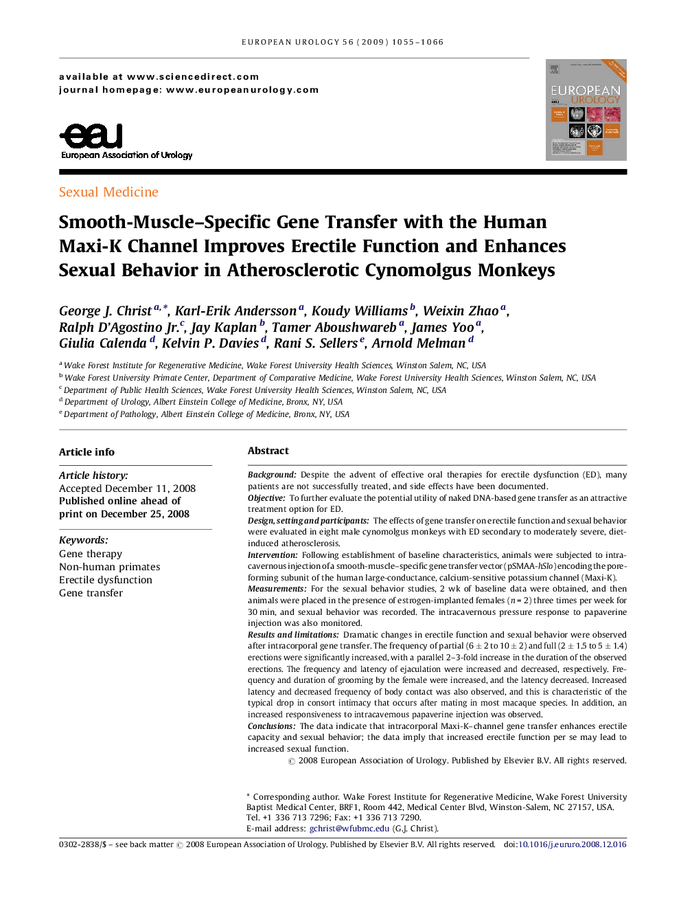 Smooth-Muscle–Specific Gene Transfer with the Human Maxi-K Channel Improves Erectile Function and Enhances Sexual Behavior in Atherosclerotic Cynomolgus Monkeys