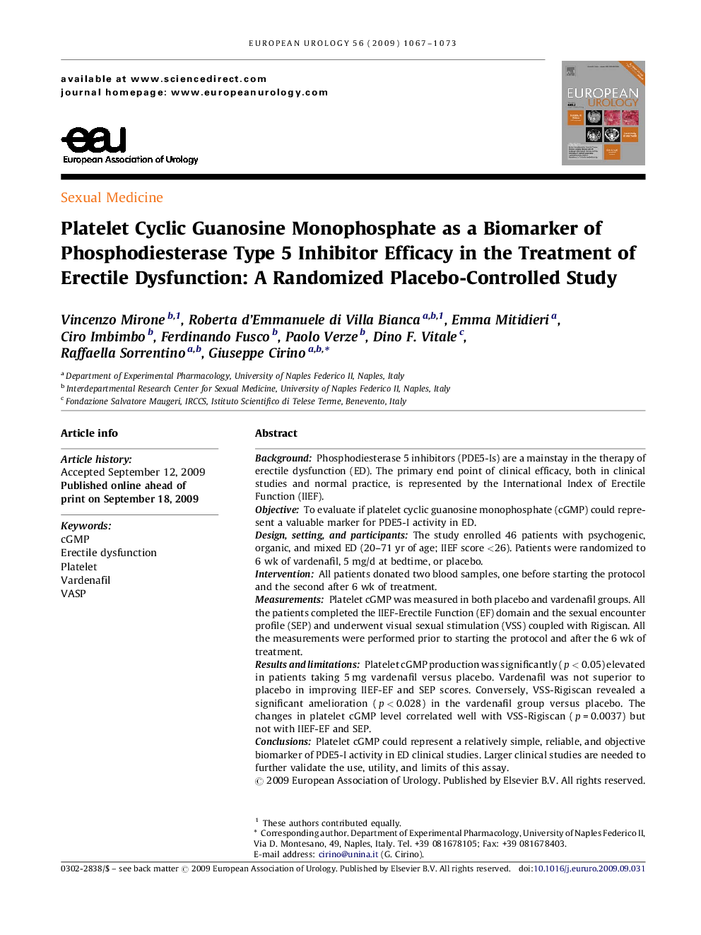 Platelet Cyclic Guanosine Monophosphate as a Biomarker of Phosphodiesterase Type 5 Inhibitor Efficacy in the Treatment of Erectile Dysfunction: A Randomized Placebo-Controlled Study