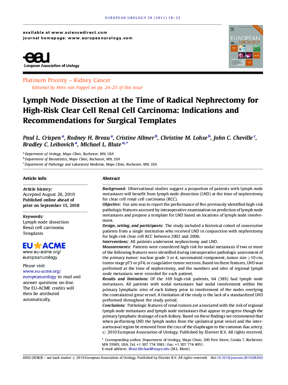 Lymph Node Dissection at the Time of Radical Nephrectomy for High-Risk Clear Cell Renal Cell Carcinoma: Indications and Recommendations for Surgical Templates 