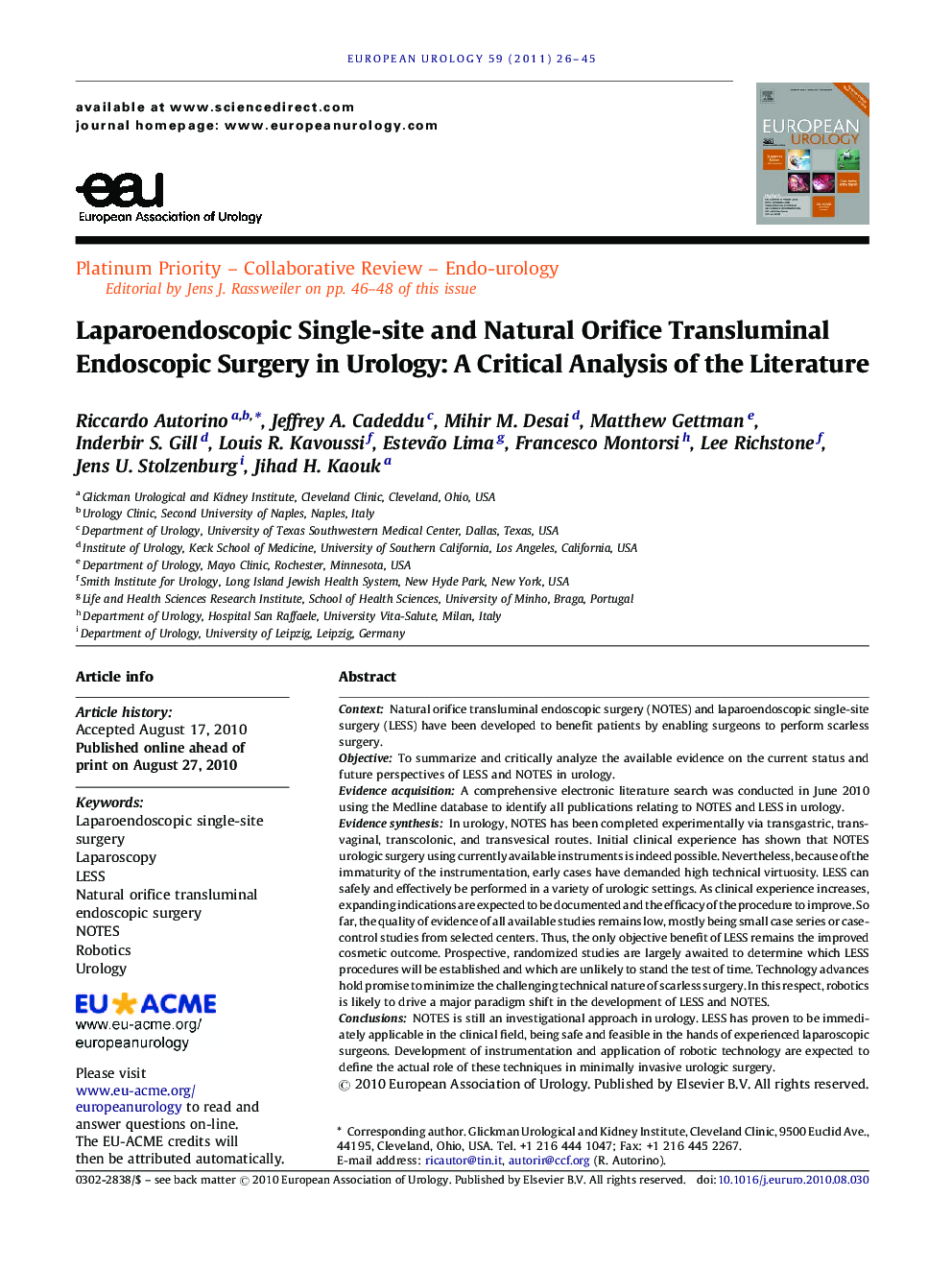 Laparoendoscopic Single-site and Natural Orifice Transluminal Endoscopic Surgery in Urology: A Critical Analysis of the Literature 