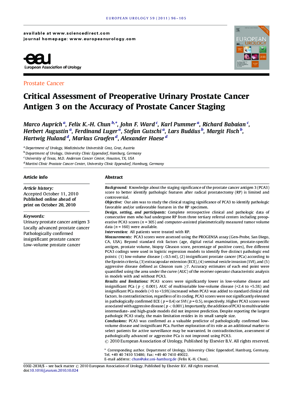 Critical Assessment of Preoperative Urinary Prostate Cancer Antigen 3 on the Accuracy of Prostate Cancer Staging