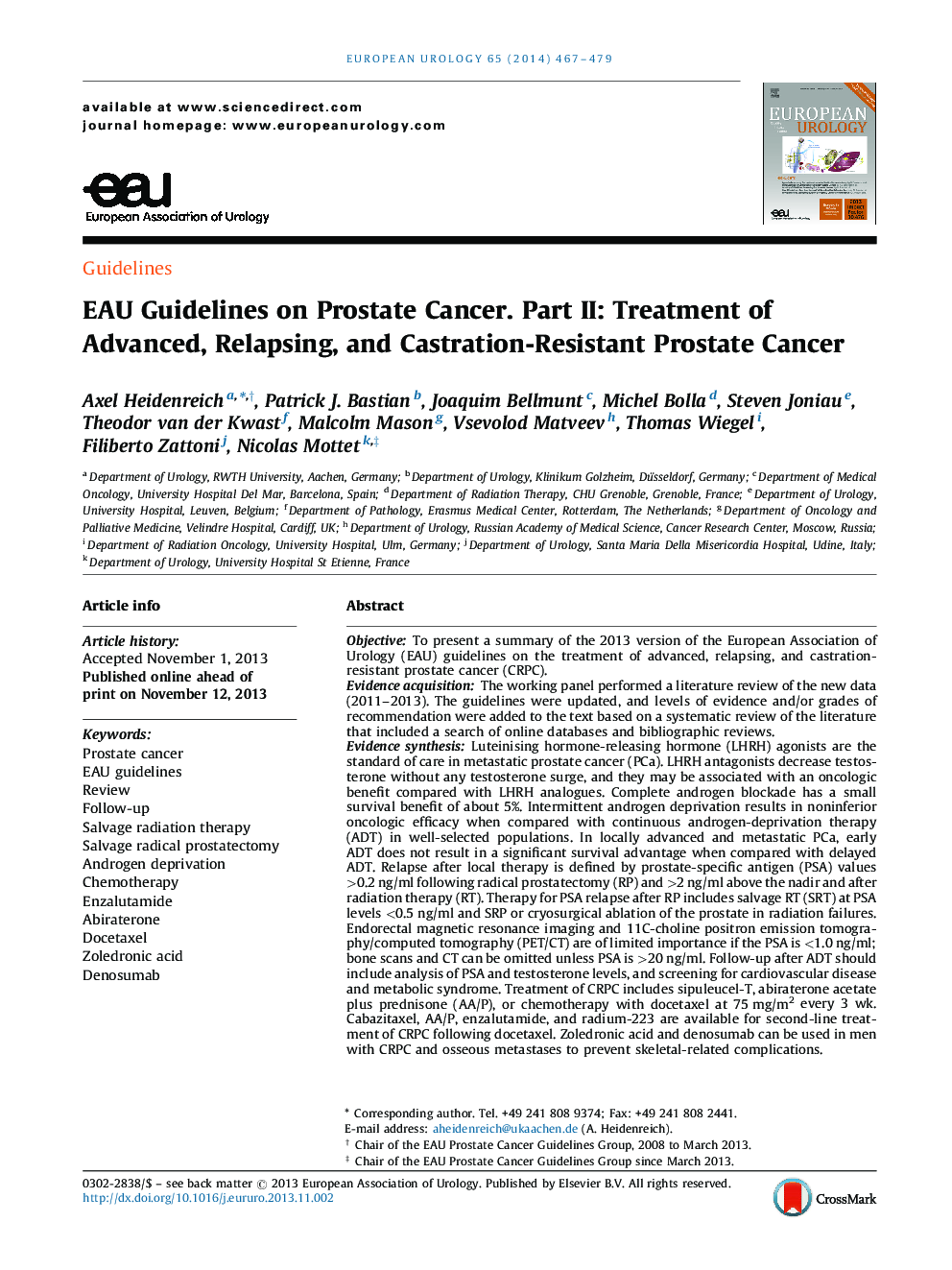 EAU Guidelines on Prostate Cancer. Part II: Treatment of Advanced, Relapsing, and Castration-Resistant Prostate Cancer