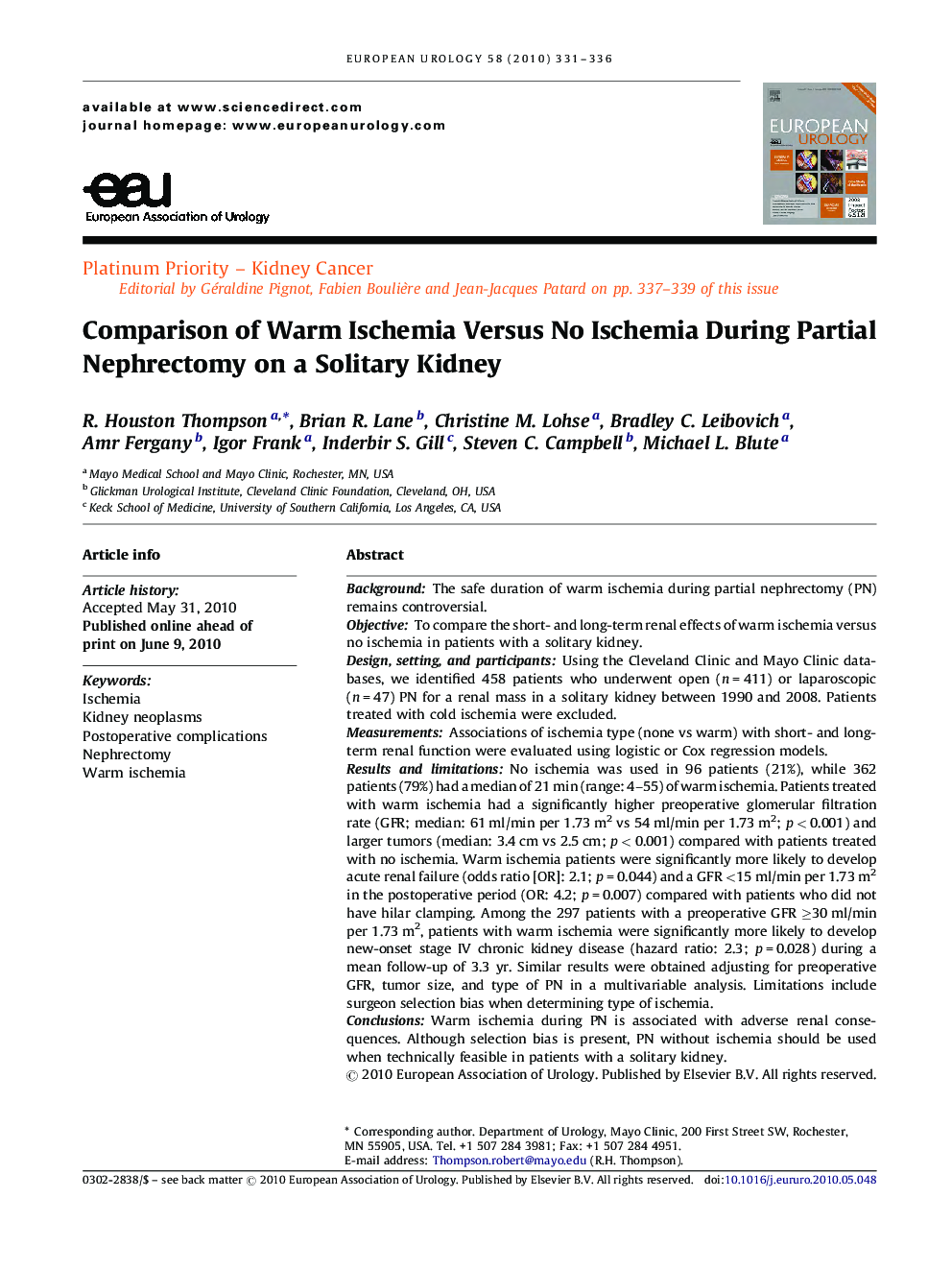 Comparison of Warm Ischemia Versus No Ischemia During Partial Nephrectomy on a Solitary Kidney