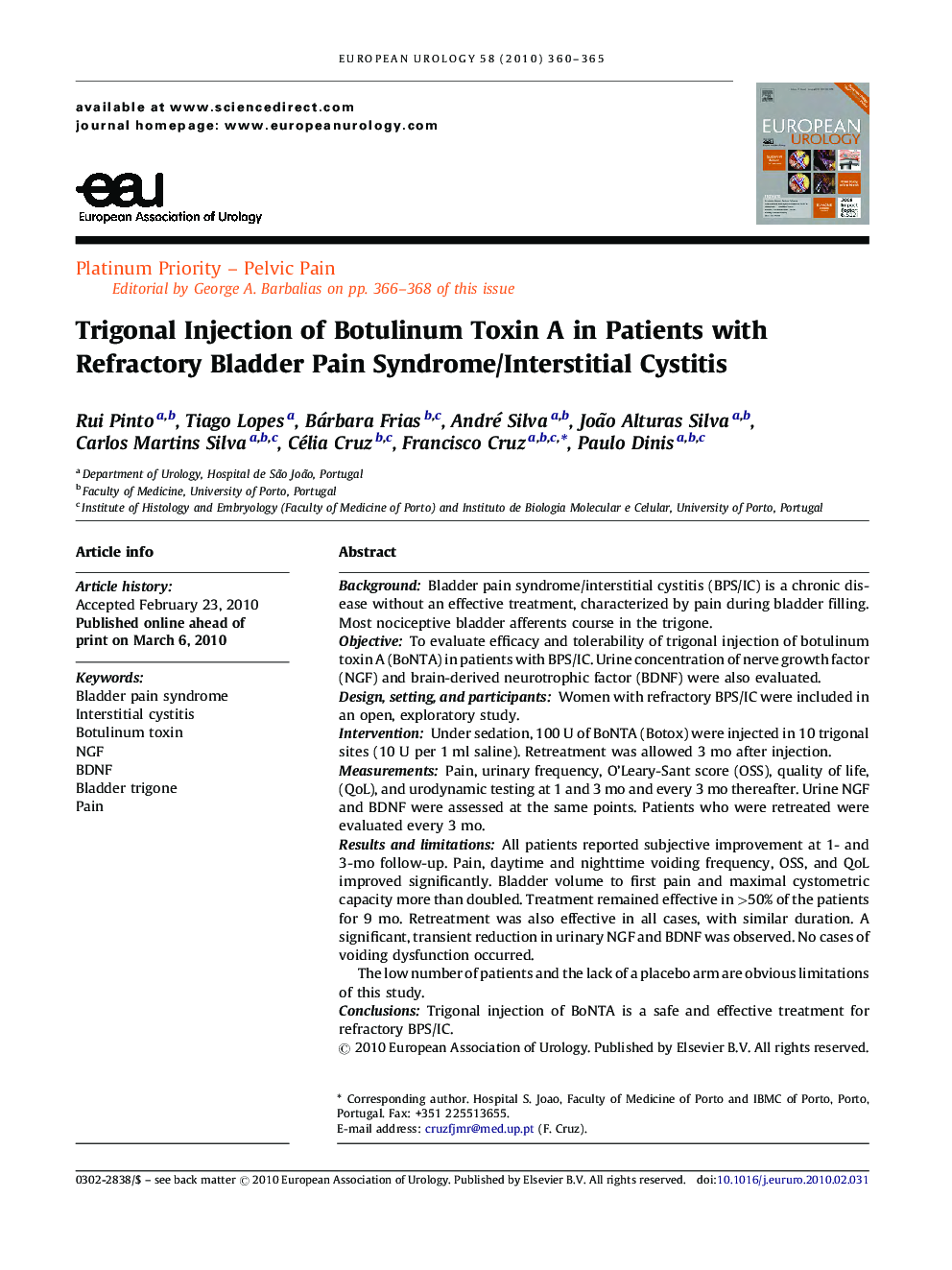 Trigonal Injection of Botulinum Toxin A in Patients with Refractory Bladder Pain Syndrome/Interstitial Cystitis