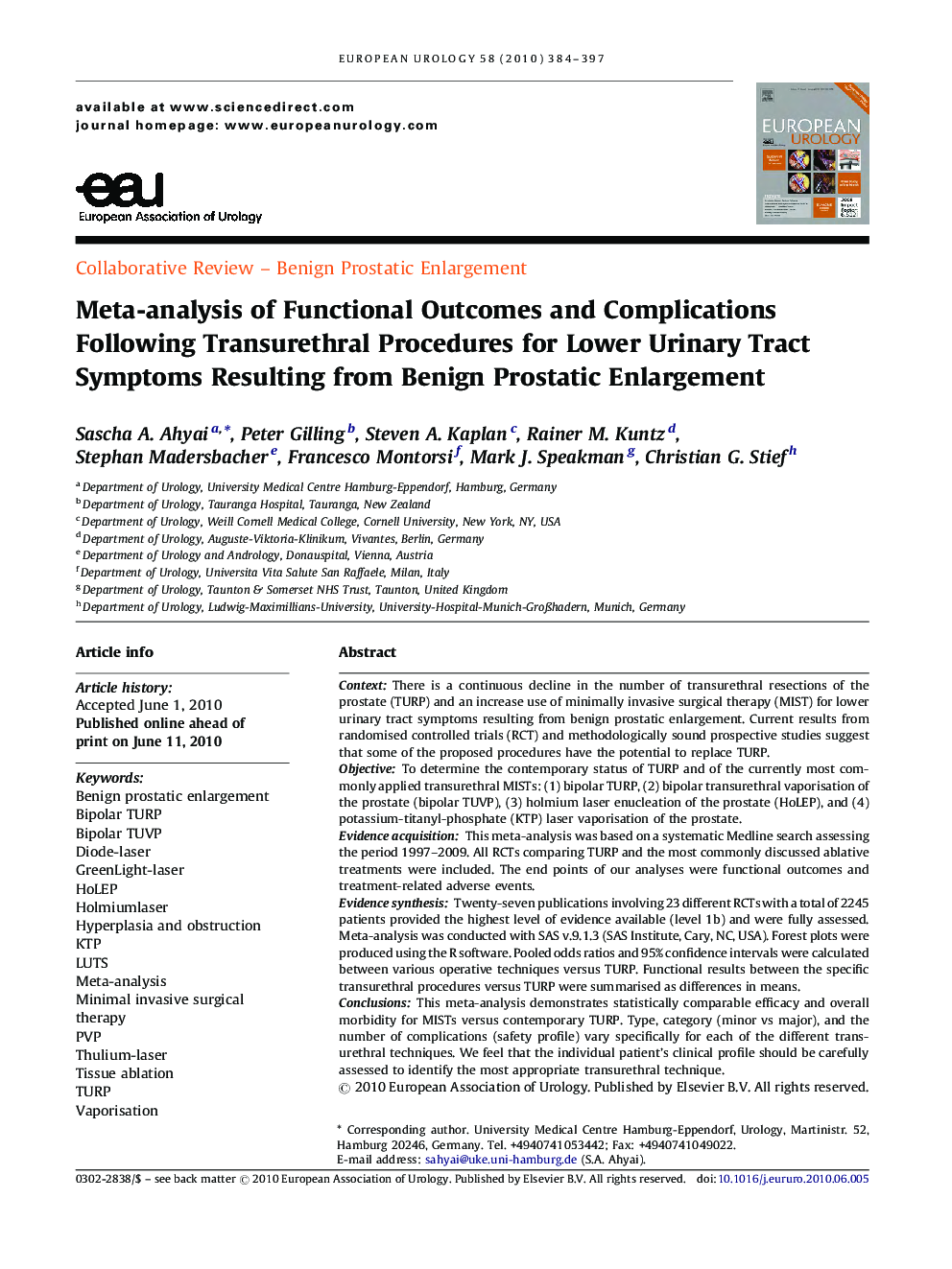 Meta-analysis of Functional Outcomes and Complications Following Transurethral Procedures for Lower Urinary Tract Symptoms Resulting from Benign Prostatic Enlargement
